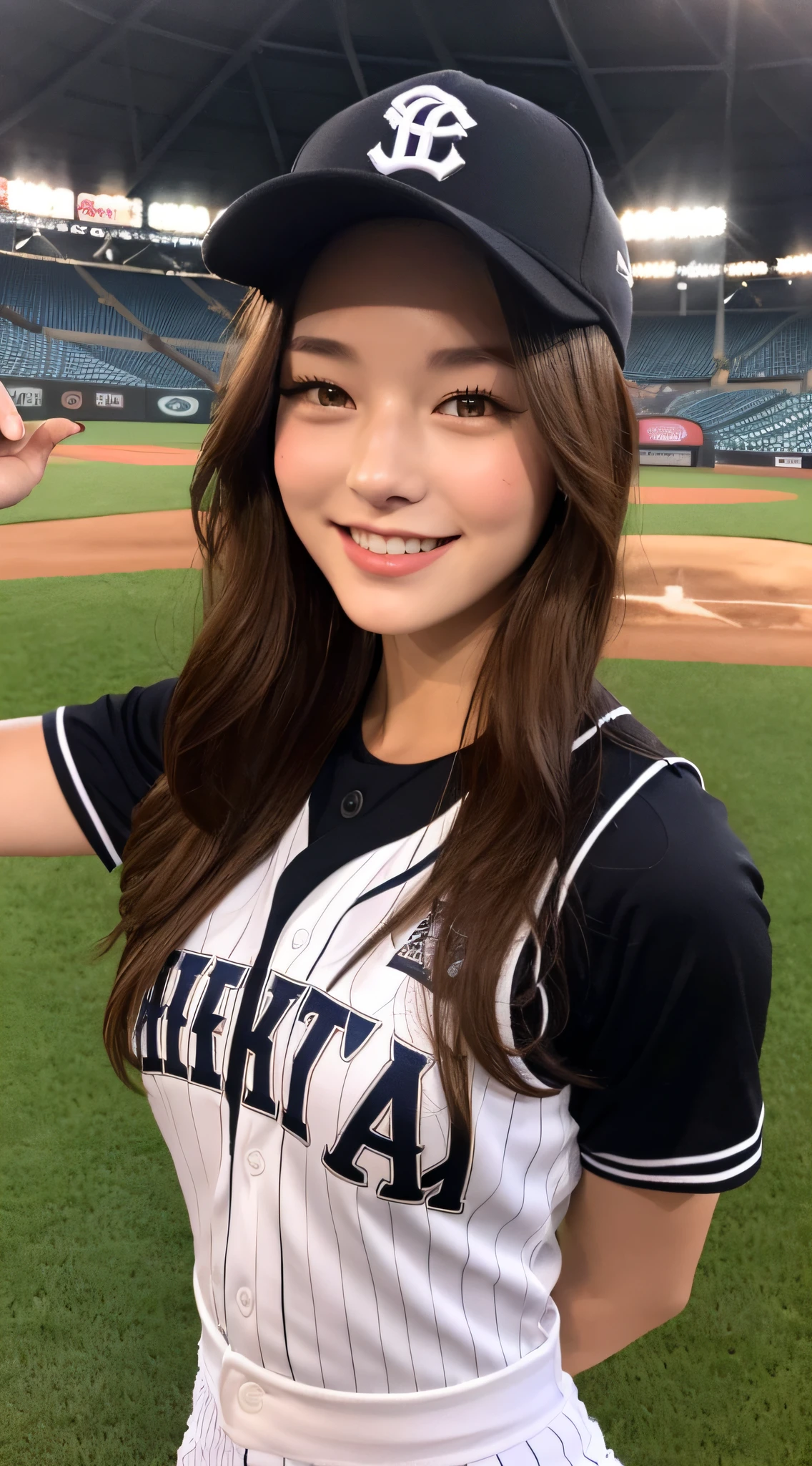 (top quality, 8k, masterpiece: 1.3), beautiful woman with perfect figure: 1.4, dark brown hair, wearing a baseball uniform, in a baseball stadium, very detailed face and skin, detailed eyes, double eyelids, big, smile