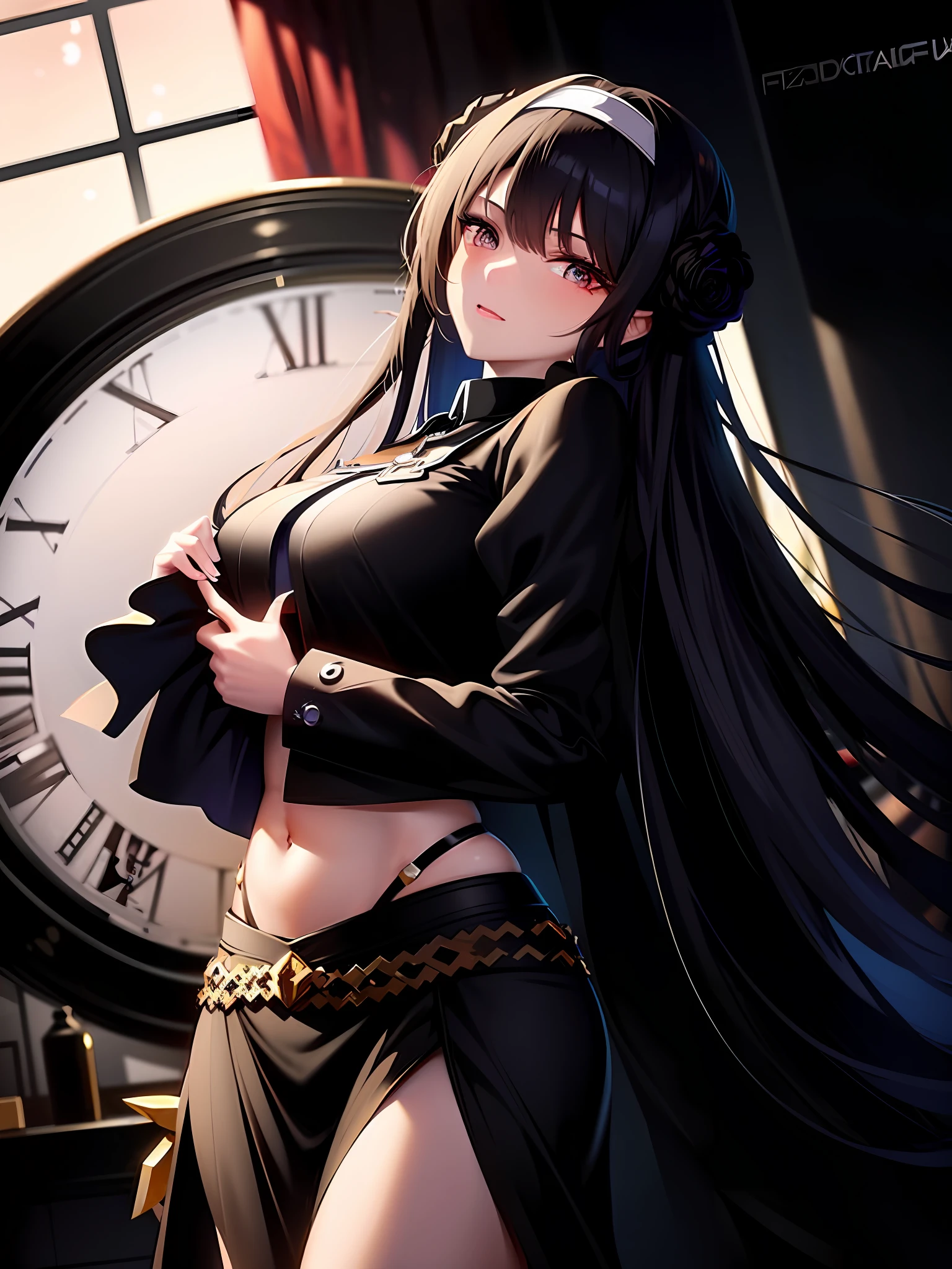 anime girl with long black hair and a black outfit standing in front of a clock, seductive anime girl, anime girl wearing a black dress, (anime girl), female action anime girl, from girls frontline, anime moe artstyle, fine details. girls frontline, beautiful alluring anime woman, azur lane style, 4k anime wallpaper, female anime character, anime wallaper