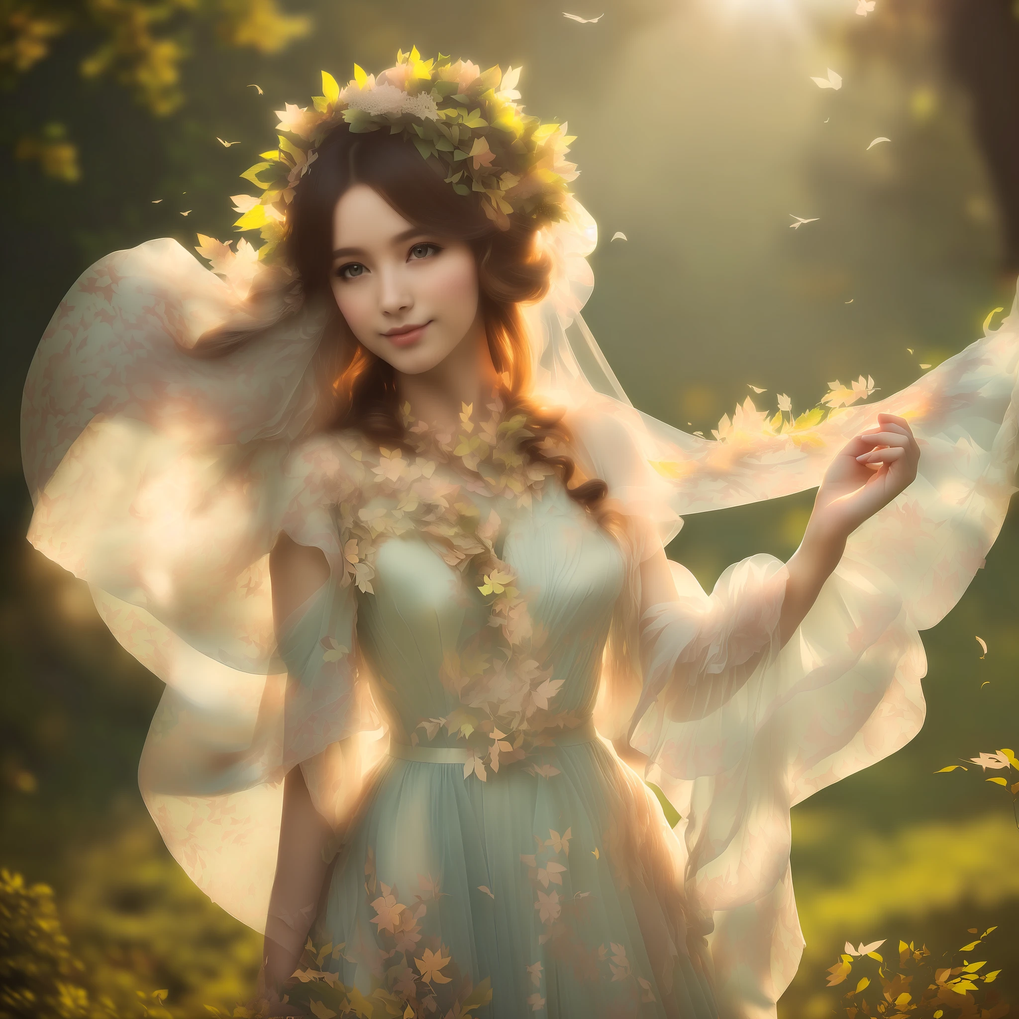 Create images of graceful wind nymphs with mystical features. Include elements such as fluttering costumes, swirling leaves, and a little sunlight streaming through the scene. Soft Air, Photoreal, Masterpiece, Best Quality, Super Detail, HDR, 8K