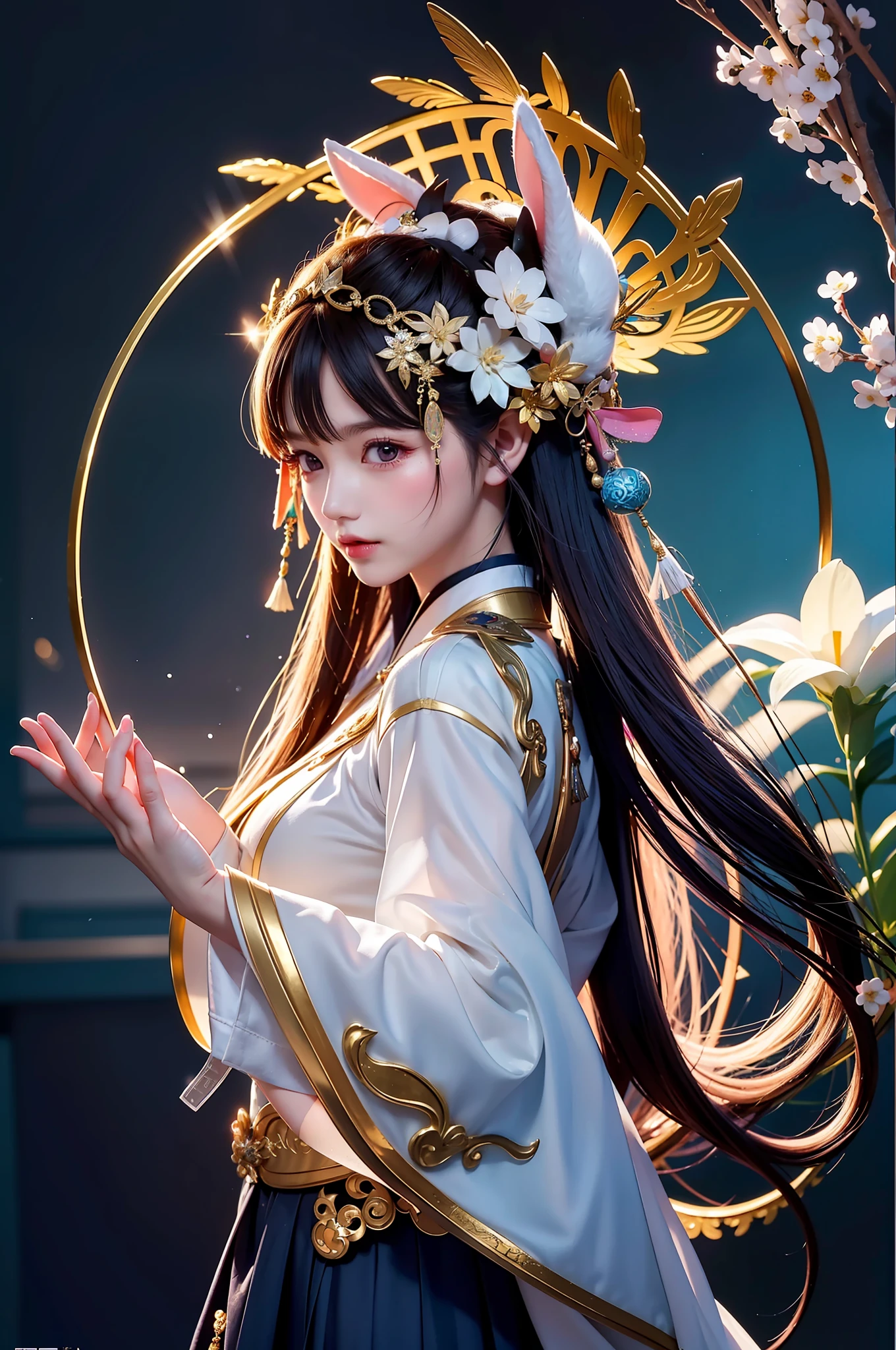 Zhong Fenghua, 1 girl, (full body: 1.5), two rabbit ears on the head, solo, hanfu, flower field, blossom, (white smoke: 1.3) (realistic:1.4), zen entanglement, mandala, entanglement, official art, Unity 8k wallpaper, super detailed, beautiful and beautiful, masterpiece, best quality, (dynamic angle: 1.4), glowing skin, (floating colorful glitter: 1) the most beautiful chaotic forms, elegant, brutalist design, bright colors, romantic depth of field, Holding a cute rabbit