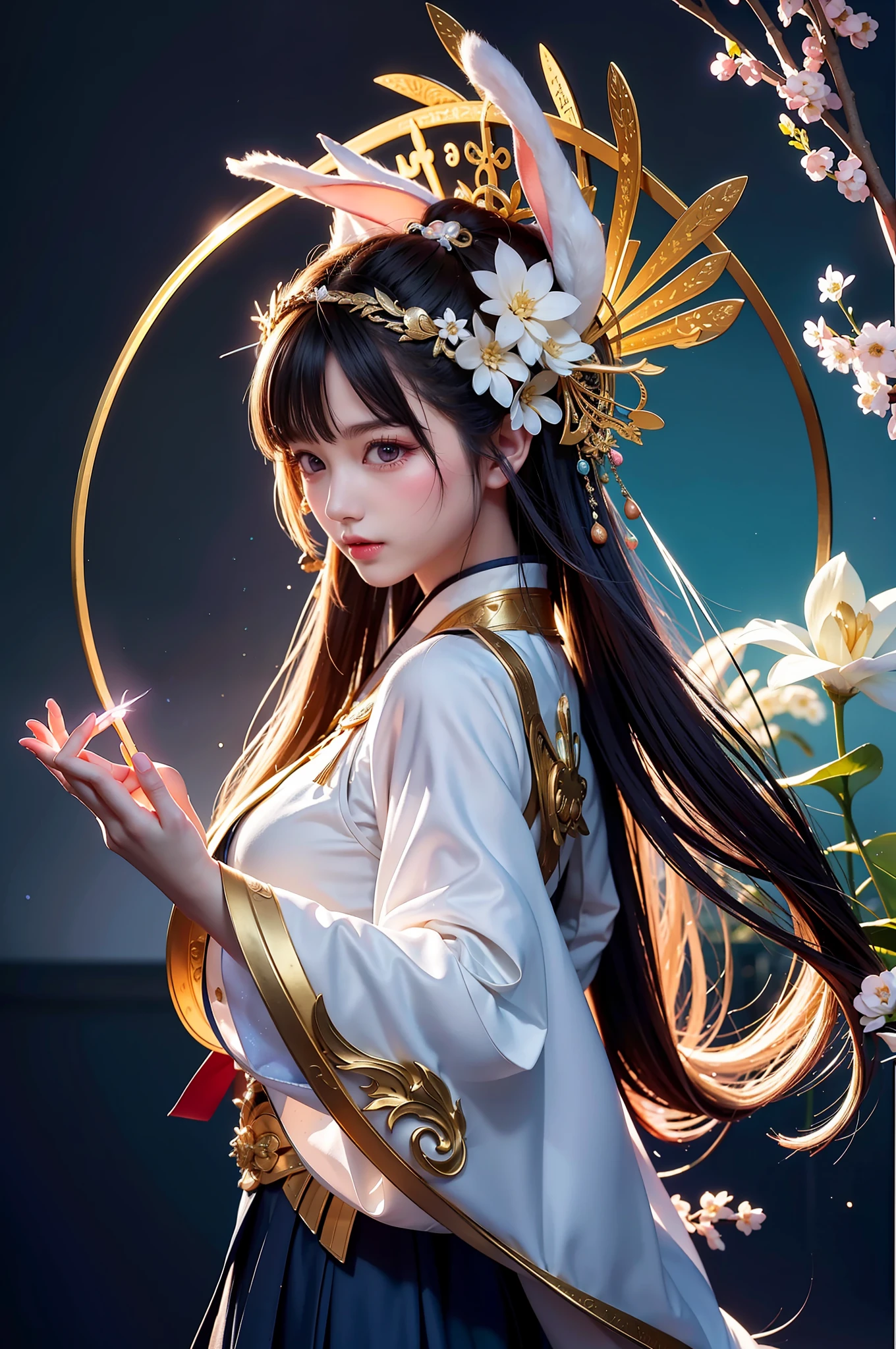 Zhong Fenghua, 1 girl, (full body: 1.5), two rabbit ears on the head, solo, hanfu, flower field, blossom, (white smoke: 1.3) (realistic:1.4), zen entanglement, mandala, entanglement, official art, Unity 8k wallpaper, super detailed, beautiful and beautiful, masterpiece, best quality, (dynamic angle: 1.4), glowing skin, (floating colorful glitter: 1) the most beautiful chaotic forms, elegant, brutalist design, bright colors, romantic depth of field, Holding a cute rabbit