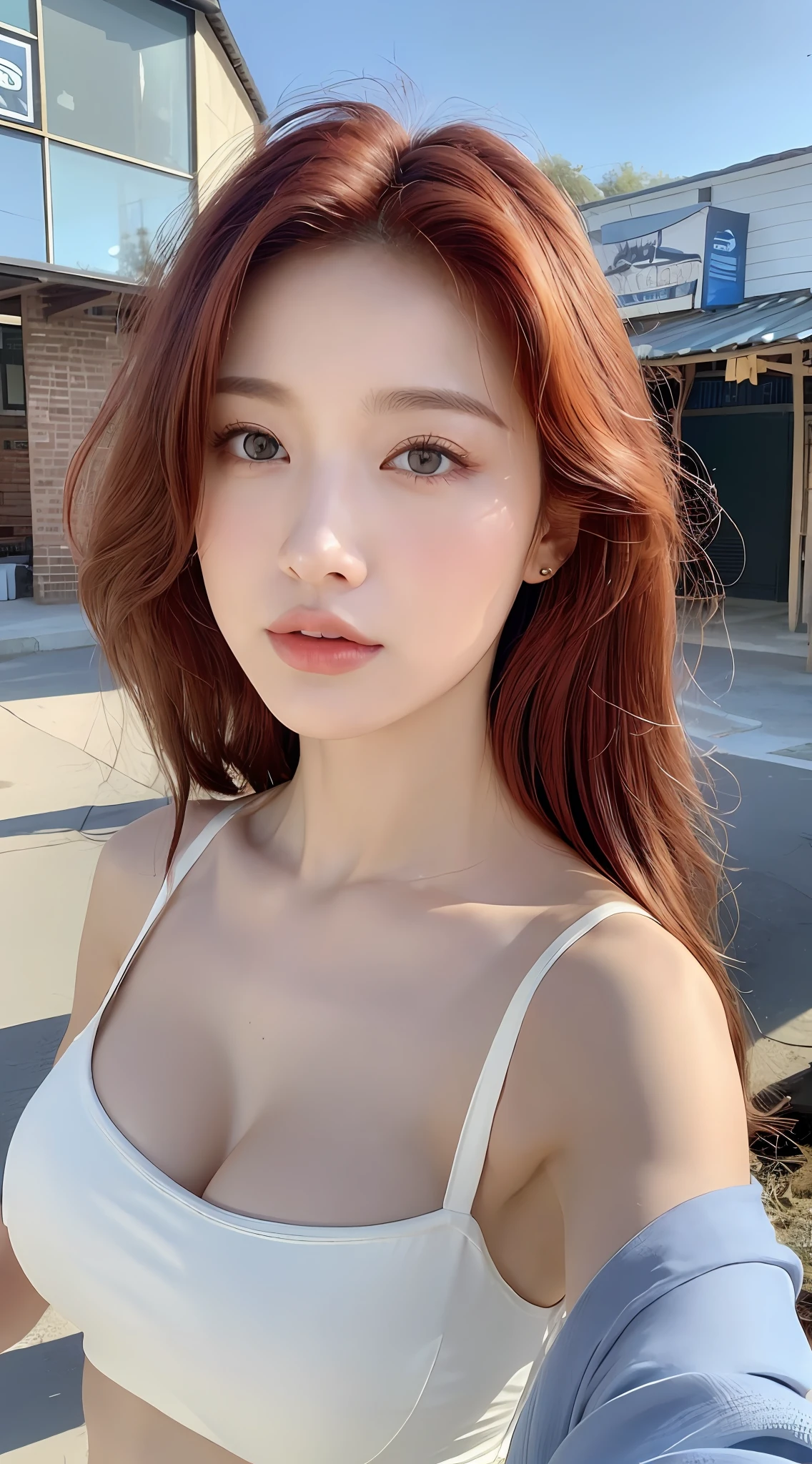 ((Realistic lighting, Best quality, 8K, Masterpiece: 1.3)), Clear focus: 1.2, 1girl, Perfect body beauty: 1.4, Slim abs: 1.1, ((Red hair, Milk: 1.3)), cowgirl pose, (Outdoor, daytime: 1.1), country street, super fine face, fine eyes, double eyelids, curly hair, fair skin