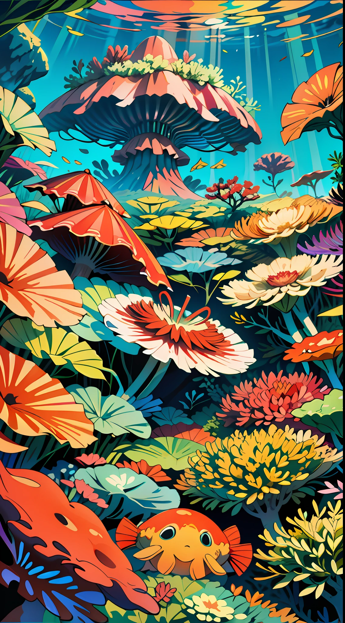 sea depths, life, underwater creatures, plants, colors, shapes, interaction, environment, details, atmosphere, deep ocean, air bubbles, light rays, algae, corals, bright tropical colors, many living underwater creatures, underwater city, underwater monster, monster, mysterious world, beauty, creativity, unforgettable picture
