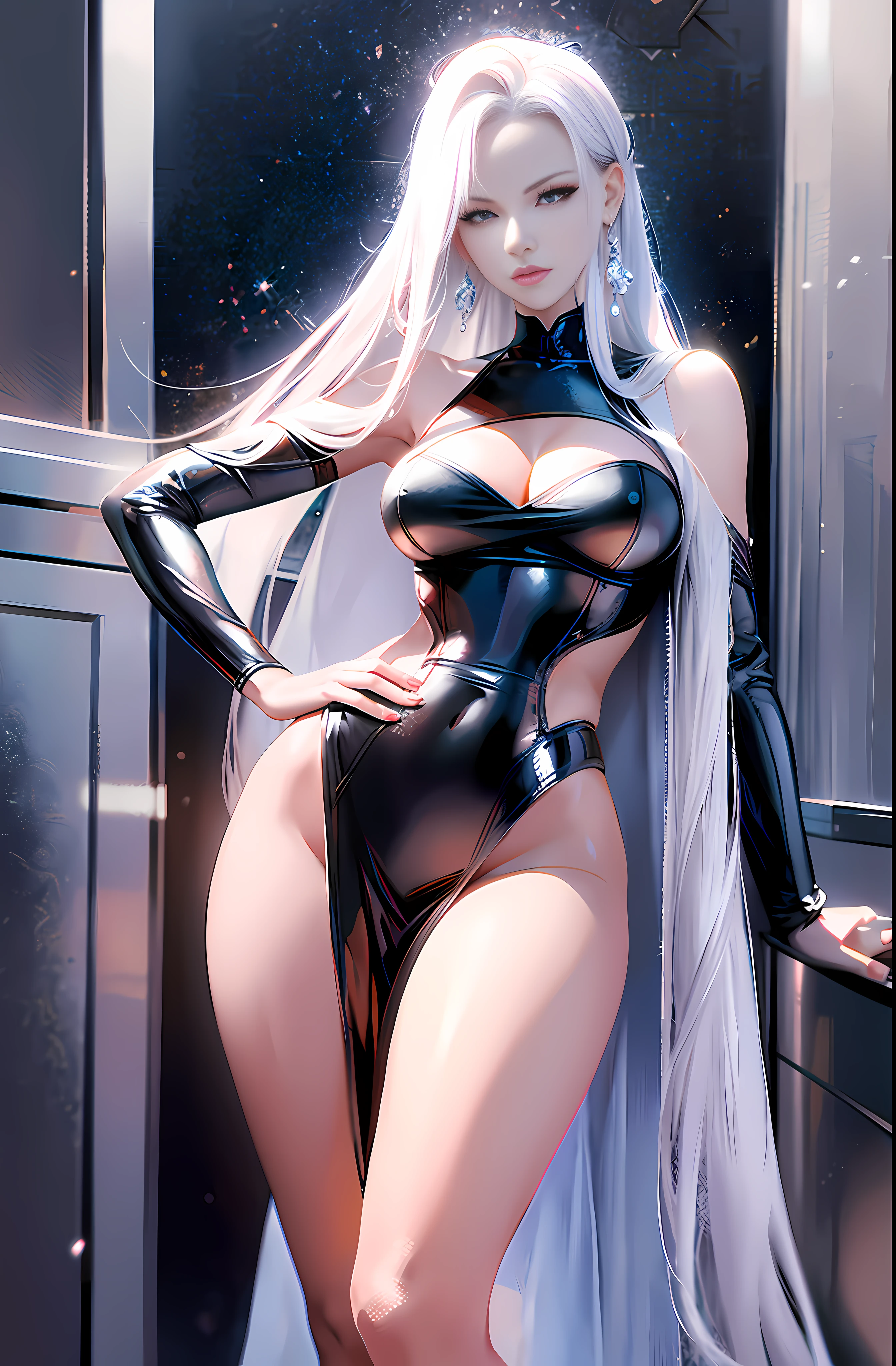 Master anime work, impeccable masterpiece, a sexy mature modern woman in cool sexy modern clothes standing on a pure white background, flowing silver hair, full body standing posture, slender legs, straight breasts, detailed face details, natural and beautiful standing posture, vivid and real body details