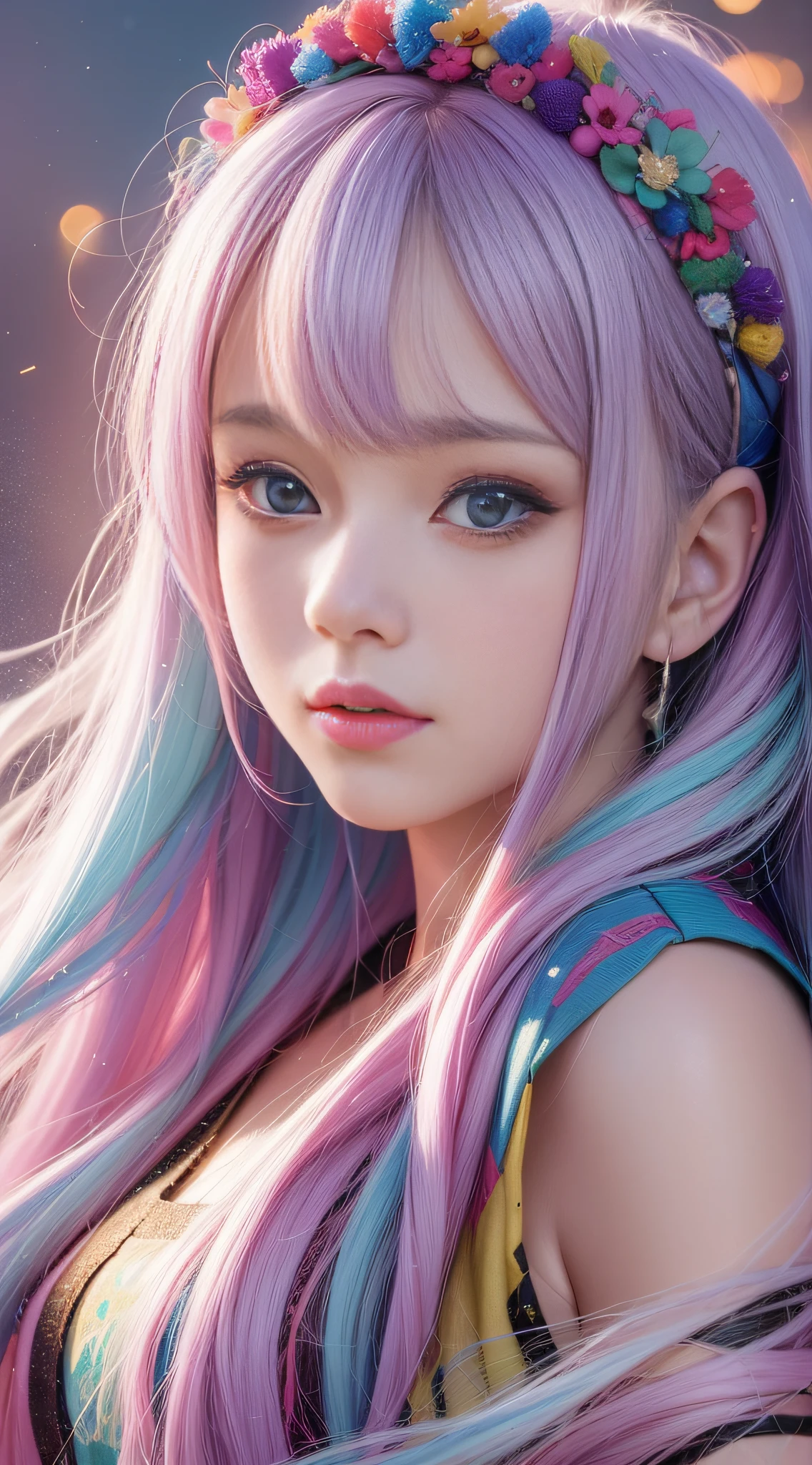 Close-up of a woman with long hair, colorful hair, kawaii realistic portrait, upper body portrait, front face shot, colorful braids, realistic hair, beautiful anime style, pure white background, white short sleeves, simple pattern on clothes, realistic anime art style, beautiful anime portrait, realistic anime art style, anime style. 8k, stunning anime face portrait, colorful]", vibrant fantasy style, cute art style, vibrant realistic color, anime realism style, beautiful anime girl, character as core, digital art, realistic style, live-action CG, colorful headband, live-action CG, sweet style, film style, HD 4K