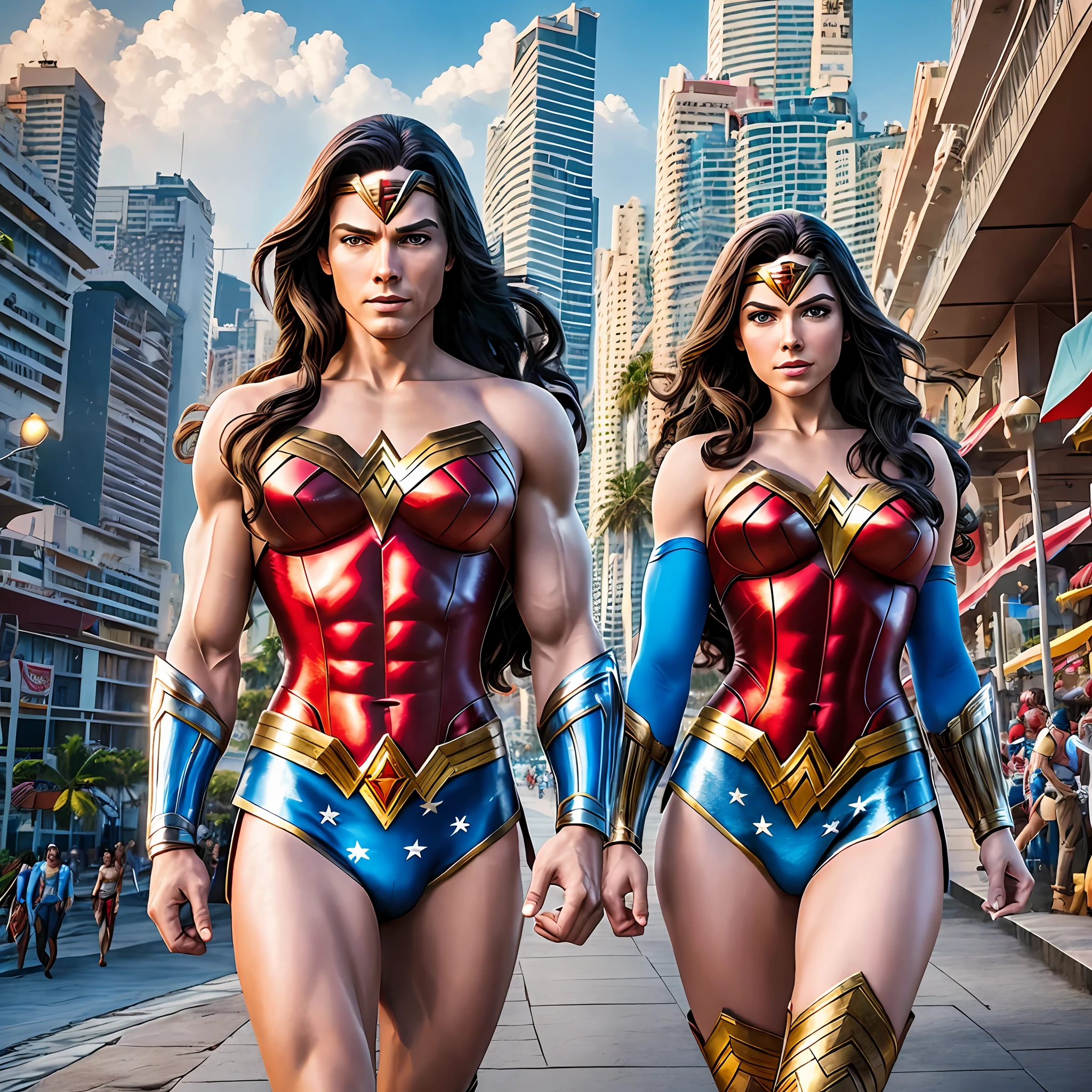 Super Men, Wonder Woman and Thor strolling leisurely along the boardwalk of Copacabana, Rio de Janeiro, 4K image detailed and enhanced in Photoshop, pure art --auto --s2