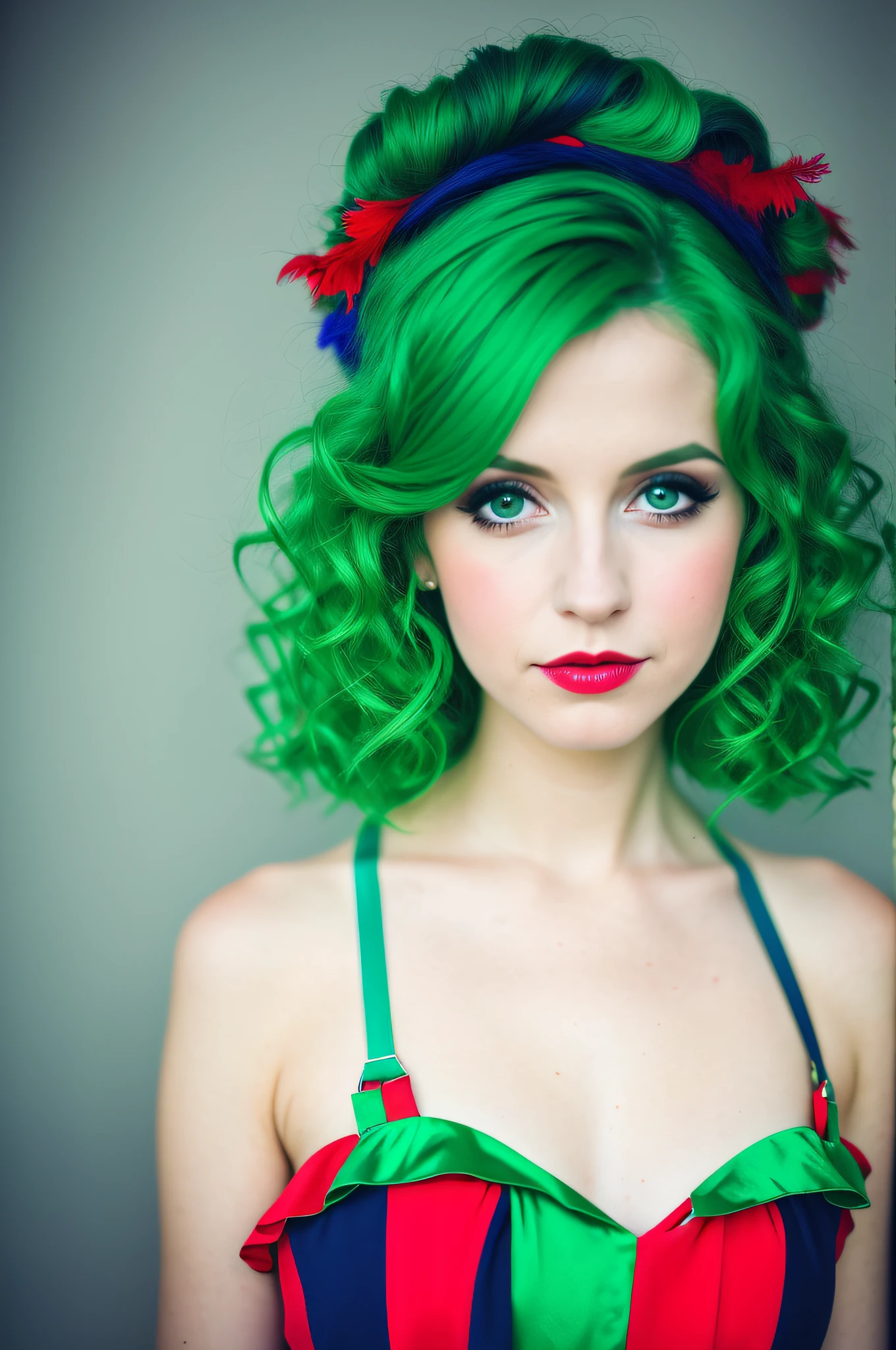 Gorgeous (MDCHNMCK: 1.1) woman, soft light portrait,
High definition RAW color photos, eos, 8k high definition, top quality, Fuji, Kodak, Jester's clown, green hair