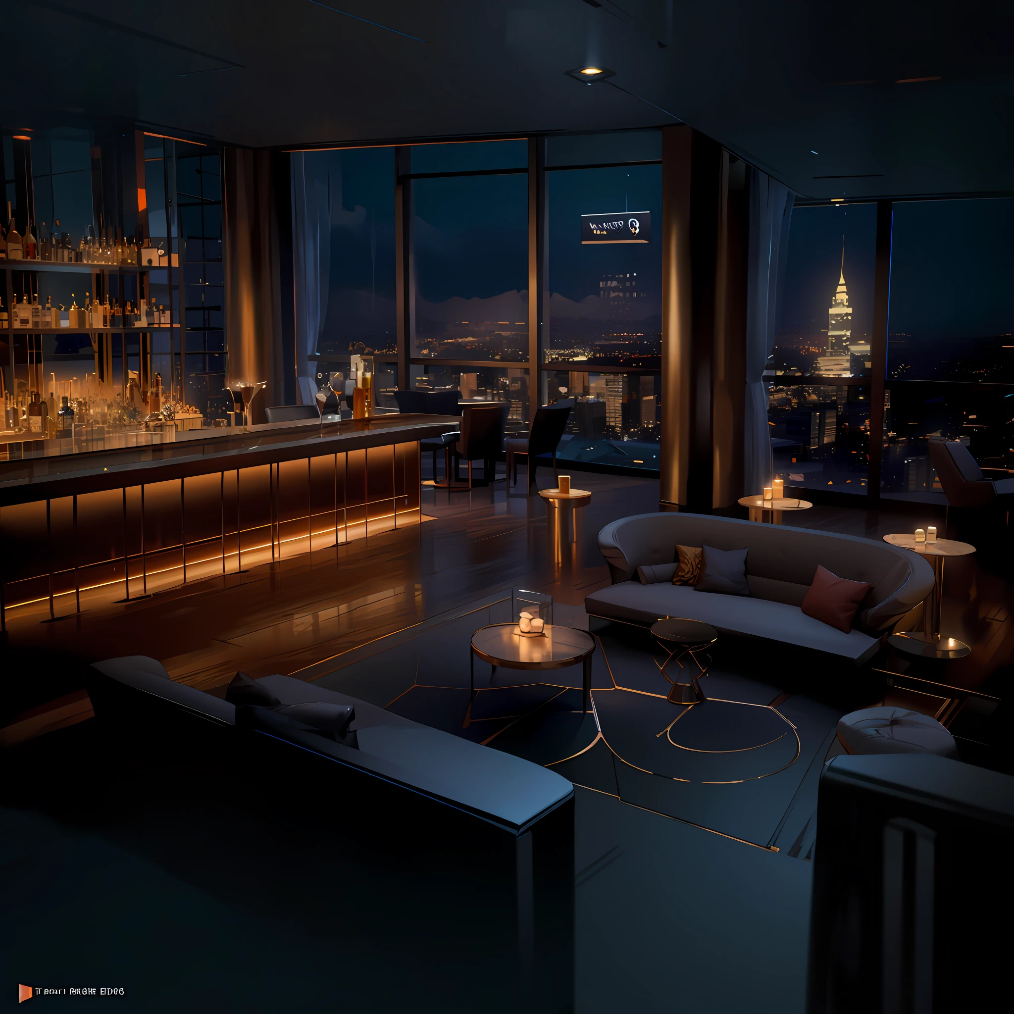 arafed view of a bar with a view of the city, photorealistic cinematic render, detailed cinematic render, rendered in corona, cinematic rendering, cinematic render unreal engine, neo - noir setting, dramatic lighting render, rendered in 8 k unreal engine, luxurious environment, rendered in unreal engine 6, unreal engine realistic render, 8 k cg render
