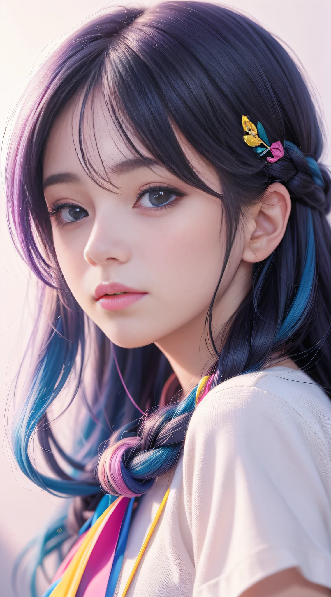Close-up of a woman with long hair, colorful hair, kawaii realistic portrait, upper body portrait, front face shot, colorful braids, realistic hair, beautiful anime style, pure white background, white short sleeves, simple pattern on clothes, realistic anime art style, beautiful anime portrait, realistic anime art style, anime style. 8k, stunning anime face portrait, colorful]", vibrant fantasy style, cute art style, vibrant realistic color, anime realism style, beautiful anime girl, character as core, digital art, realistic style, live-action CG, colorful headband, live-action CG, sweet style, film style, HD 4K