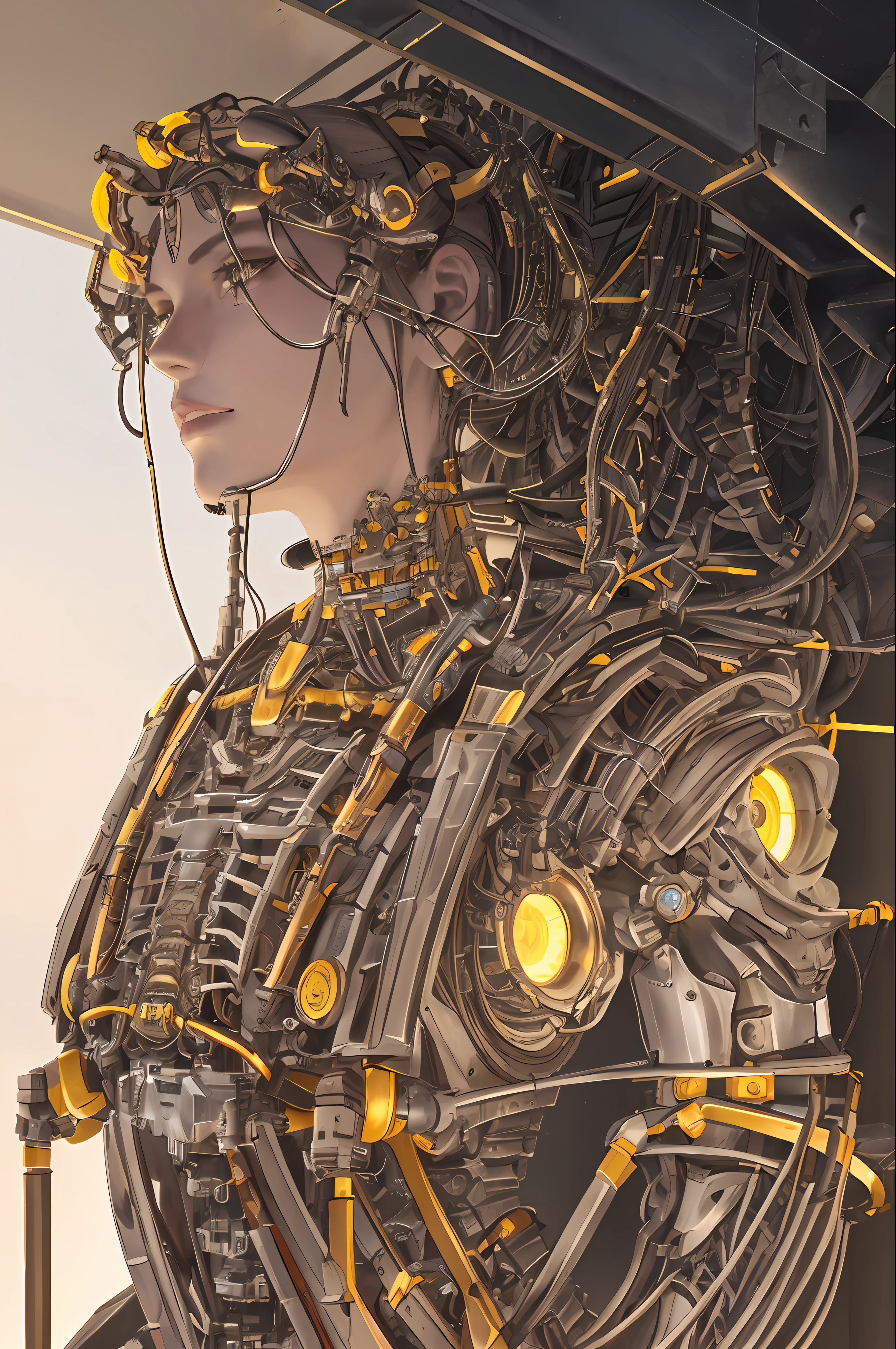 Expansive View, Nightfall, 1 Mechanical Girl, (((Ultra-realistic Detail)), Portrait, Global Illumination, Shadows, Octane Rendering, 8K, Ultra Sharp, Metal, Intricate Ornament Details, Cold Colors, Egyptian Details, Very Intricate Details, Realistic Light, CGSoation Trend, Shining Eyes, Facing the Camera, Neon Details , mechanical limbs, blood vessels connected to tubes, mechanical vertebrae attached to the back, mechanical cervical attachment to the neck, sitting, wires and cables connected to the head