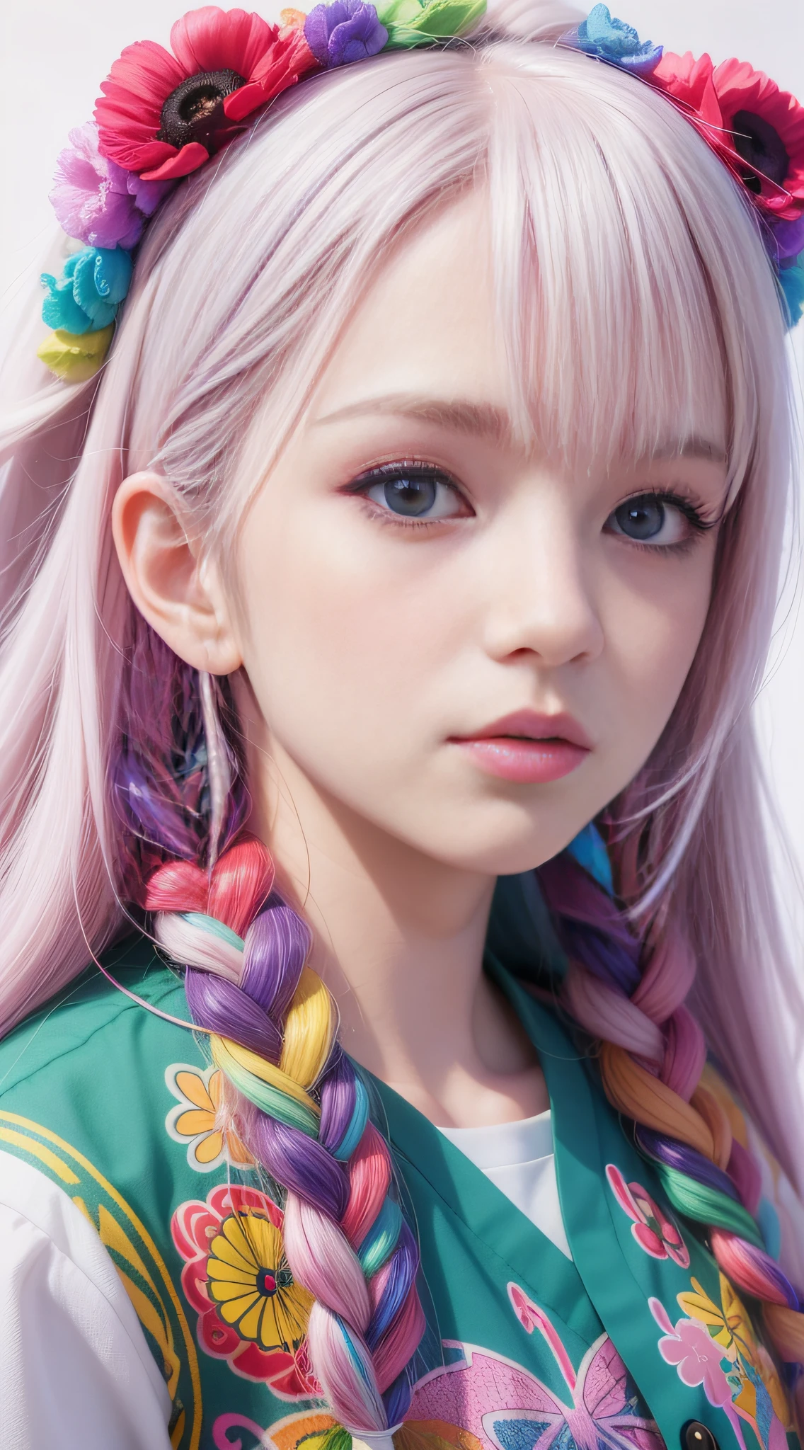 Close-up of a woman with long hair, colorful hair, kawaii realistic portrait, upper body portrait, front face shot, colorful braids, realistic hair, beautiful anime style, pure white background, white short sleeves, simple pattern on clothes, realistic anime art style, beautiful anime portrait, realistic anime art style, anime style. 8k, stunning anime face portrait, colorful]", vibrant fantasy style, cute art style, vibrant realistic color, anime realism style, beautiful anime girl, character as core, digital art, realistic style, live-action CG, colorful headband, live-action CG, sweet style, film style, HD 4K