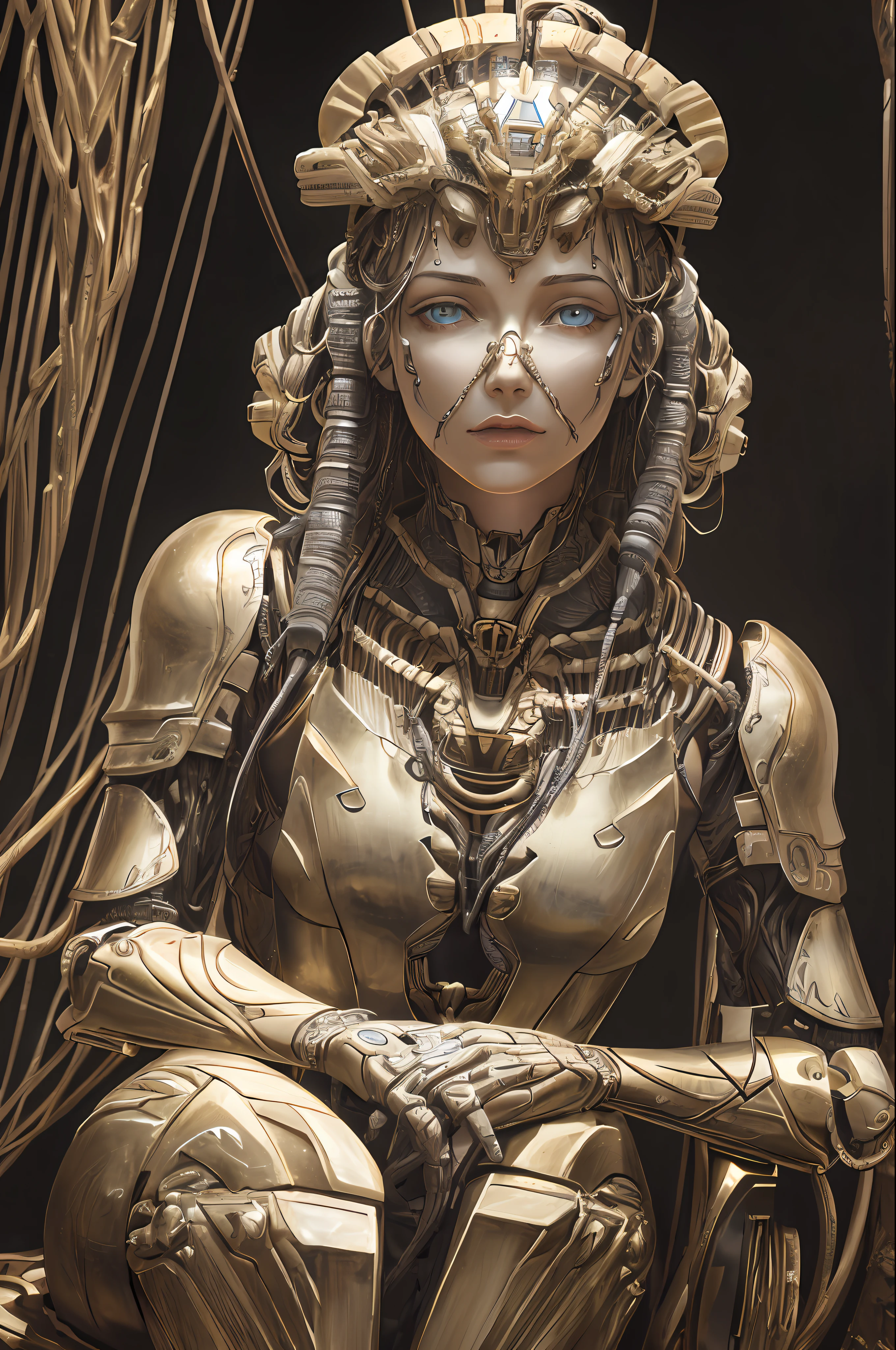 vast wilderness, Greek mythology, 1 mechanical girl, (((ultra-realistic detail)), portrait, global illumination, shadows, octane rendering, 8K, ultra-sharp, metal, intricate ornament details, cold colors, Egyptian details, very intricate details, realistic light, CGSoation trends, shining eyes, facing the camera, Neon details, mechanical limbs, blood vessels connected to tubes, mechanical vertebrae attached to the back, mechanical cervical attachment to the neck, sitting, wires and cables connecting to the head