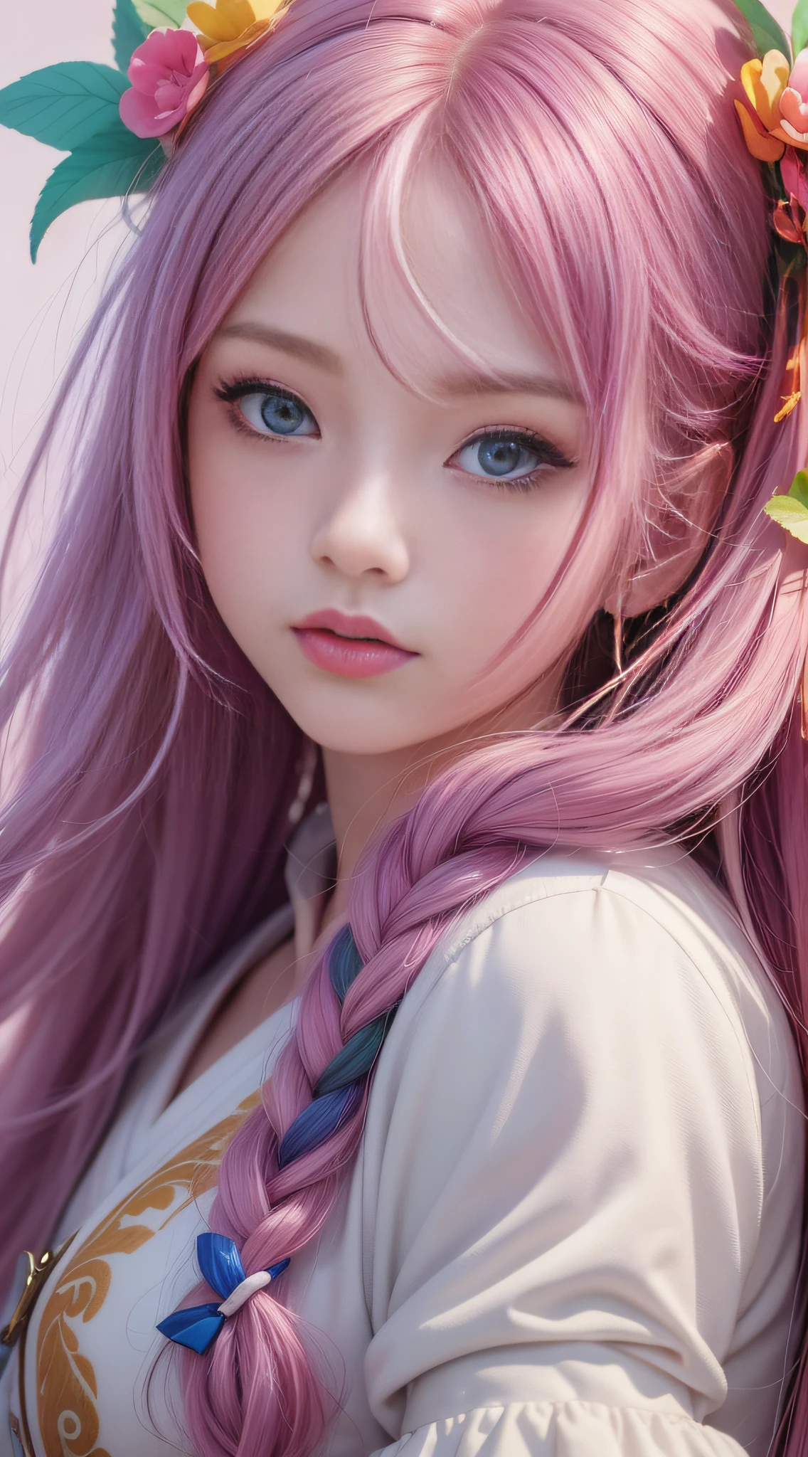 Close-up of a woman with long hair, colorful hair, kawaii realistic portrait, upper body portrait, front face shot, colorful braids, realistic hair, beautiful anime style, pure white background, white short sleeves, simple pattern on clothes, realistic anime art style, beautiful anime portrait, realistic anime art style, anime style. 8k, stunning anime face portrait, colorful]", vibrant fantasy style, cute art style, vibrant realistic color, anime realism style, beautiful anime girl, character as core, digital art, realistic style, live-action CG, colorful headband, live-action CG, sweet style, film style, HD 4K