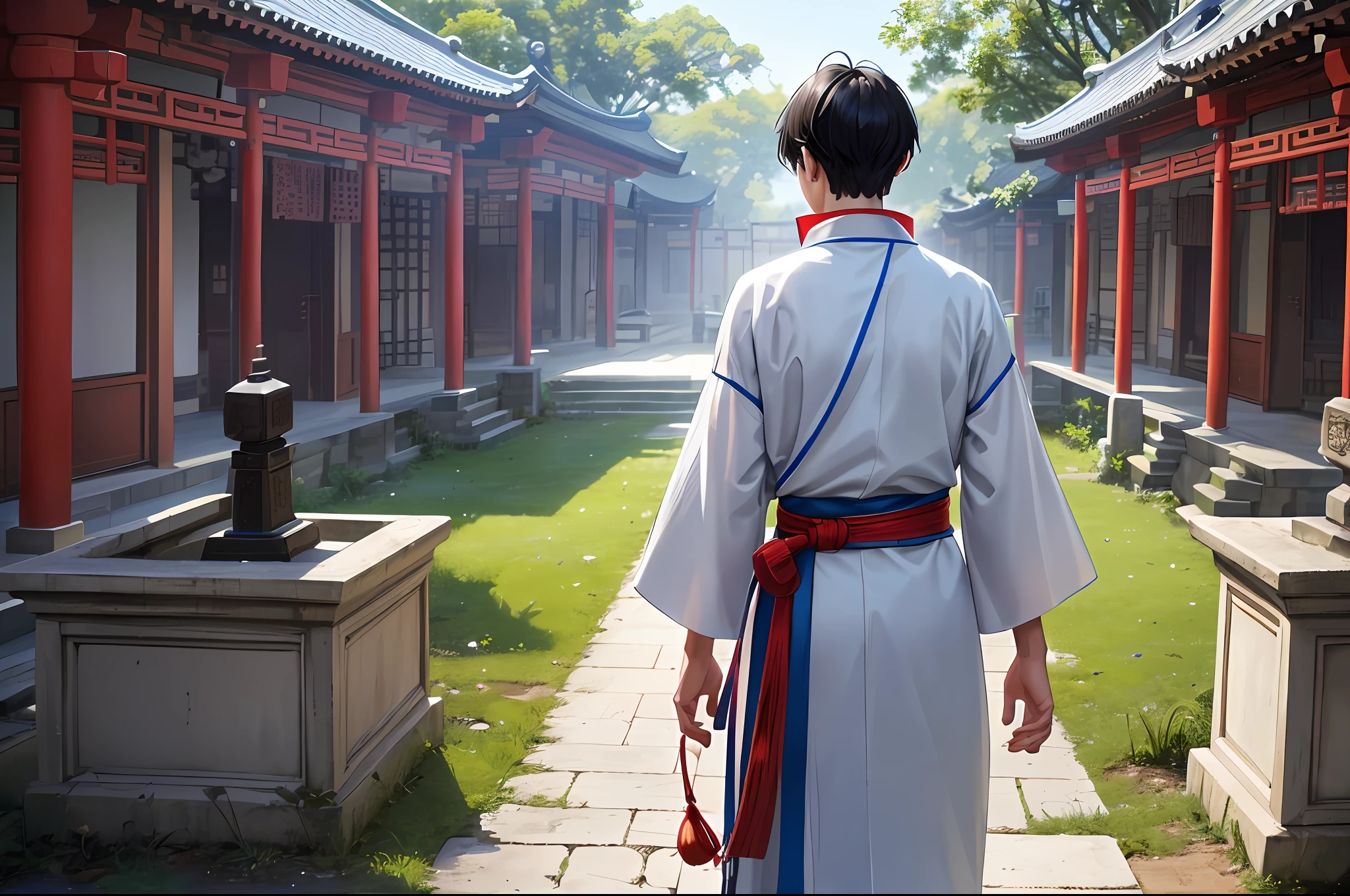 High-definition pictures, ultra-high resolution, clear facial features, super details. Back, an 18-year-old boy, tall, full-body, cyan practice robe, black hair, super short hair, outdoor altar, walking towards the distance. Chinese ancient style, Chinese martial arts style. 4K ultra-clear material.