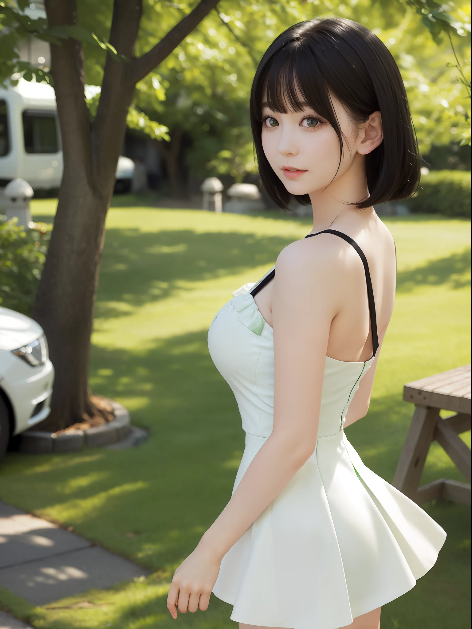 green dress,white short skirt,woman,japanese,bare shoulders,shoulders slightly exposed,black eyes,black hair,(photorealistic:1.4),realistic details, high resolution,bokeh,outstanding details