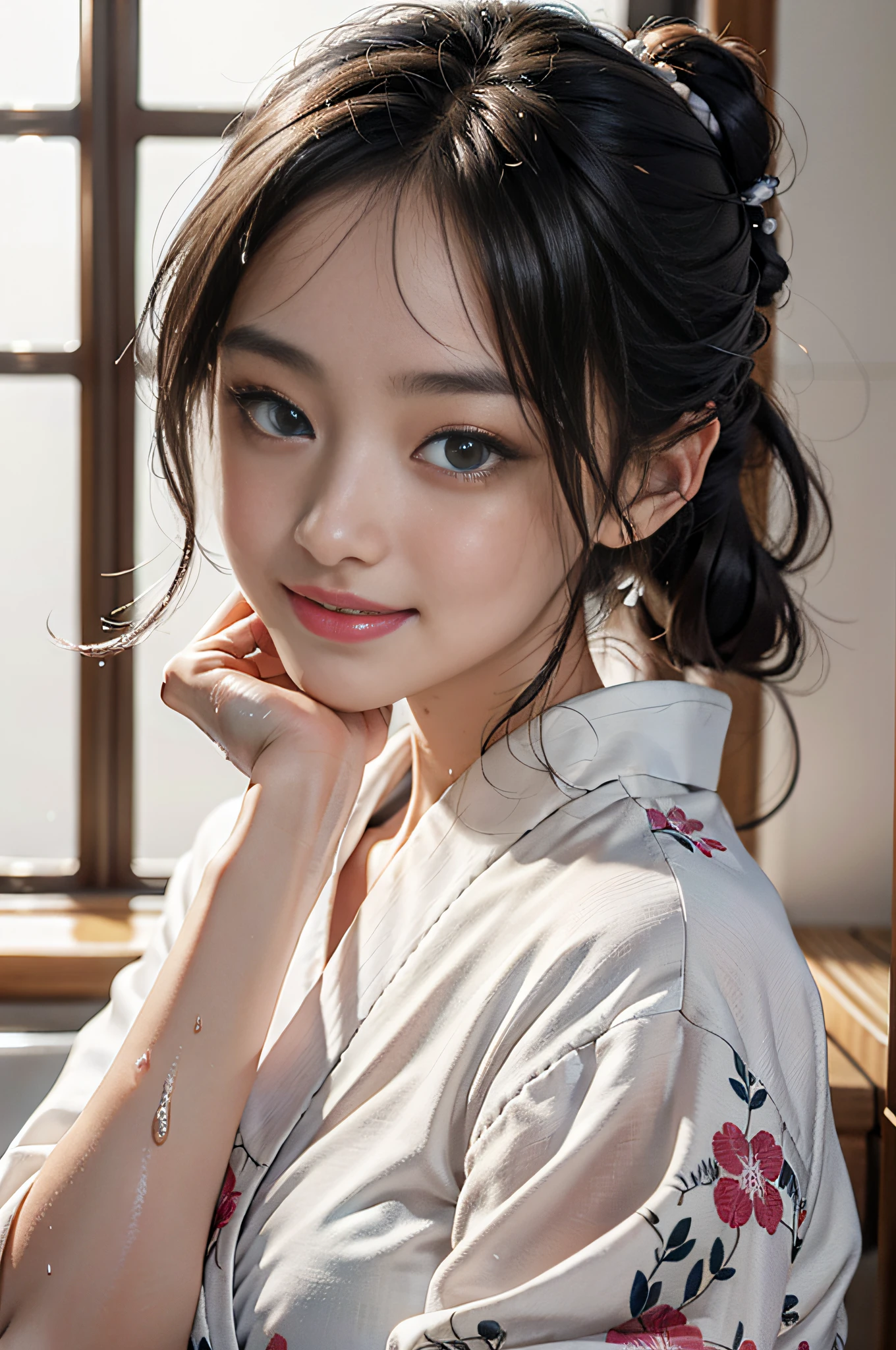 Best quality, best image quality, ultra high resolution, (photorealistic: 1.4), high detail photo, 8k, 1 girl, cute Japan woman, cute eyes, big eyes, drooping eyes, bright bathroom, white lighting, bathing, wet hair, hair tied back, glowing skin, smile, biting smile, cheeks flushed, embarrassing, wet yukata,