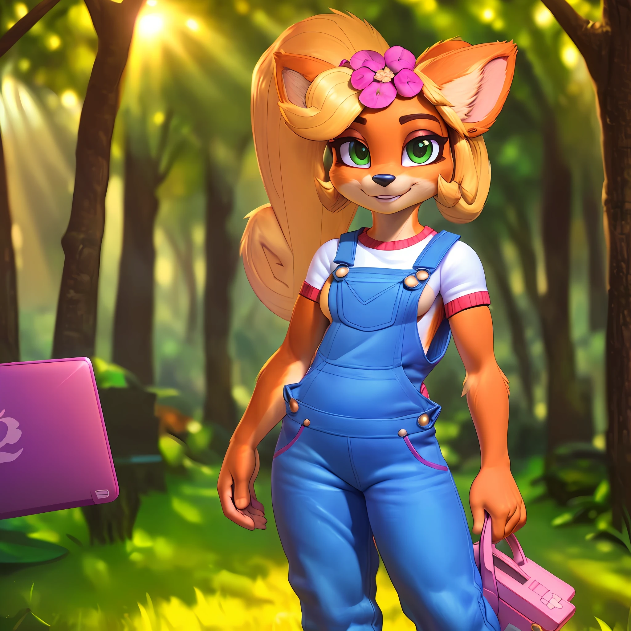 [Coco bandicoot], [Uploaded to e621.net; (Pixelsketcher), (wamudraws)], ((masterpiece)), ((solo portrait)), ((1girl)), ((raw photo)), ((furry; anthro)), ((detailed fur)), ((raytracing)), ((detailed shading)), ((beautiful 3D art)), {anthro; (orange fur, black nose, pointed ears), cute green eyes, blonde hair, curly ponytail, happy smile, (white shirt, small boobs, blue denim overalls), (pink flower in hair), pink sneakers}, ((standing; pink laptop on hip) attractive pose), [background; flower plains; (trees, sun rays through trees)]