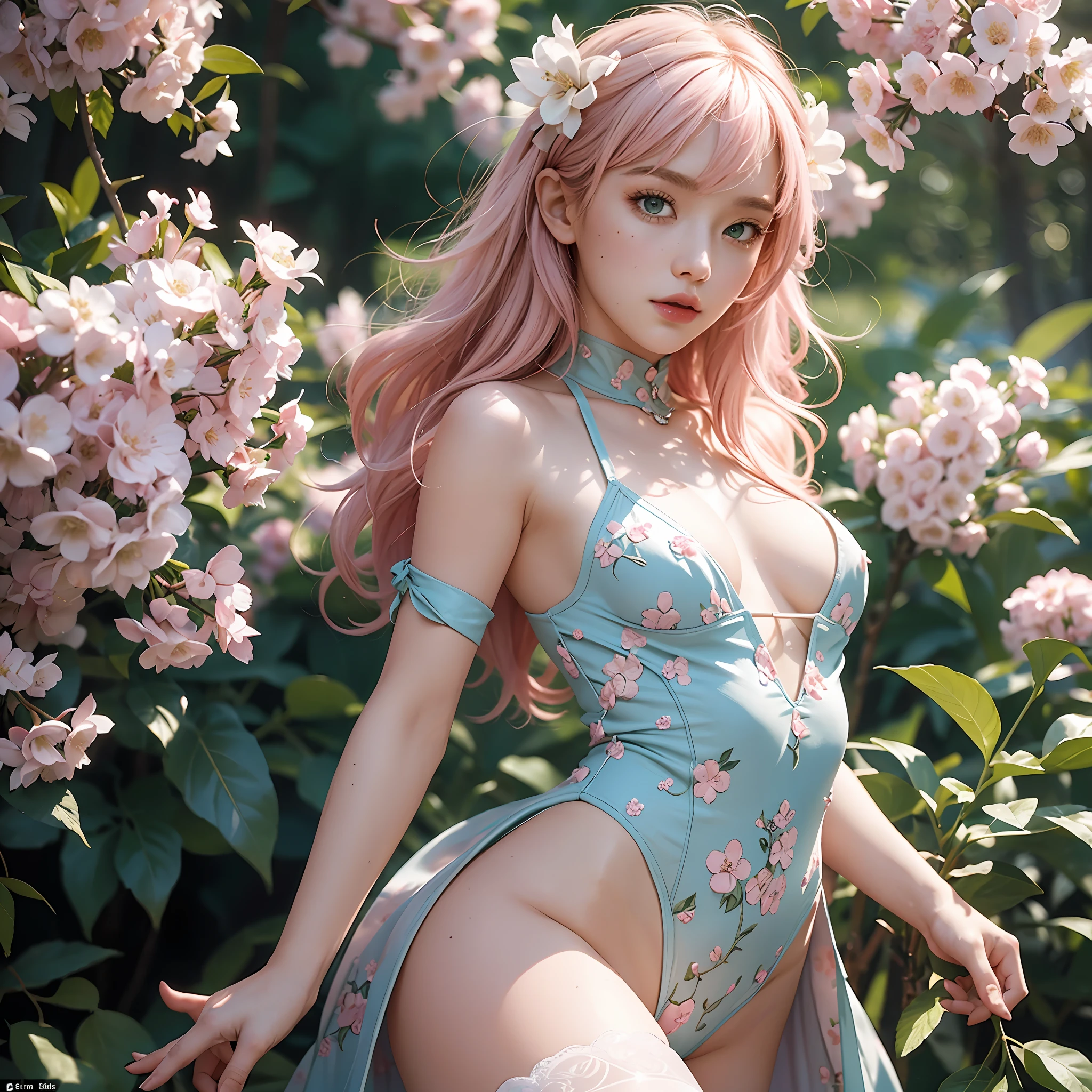 (masterpiece:1.4, best quality), (intricate details), unity 8k wallpaper, ultra detailed, beautiful and aesthetic,  (photorealistic:1.4), perfect lighting, (1girl), (very light pink hair, ), green eyes, hair ornament, medium hair, blush, one-piece swimsuit,   dynamic pose, dynamic angle,  lipstick, slim, slim body, surrounded by flower, sakura, nature, full body, very wild shot, small breast, flat_chest, outdoor, detailed background, realistic, solo, perfect detailed face, naughty face, detailed eyes, highly detailed, thighhighs,