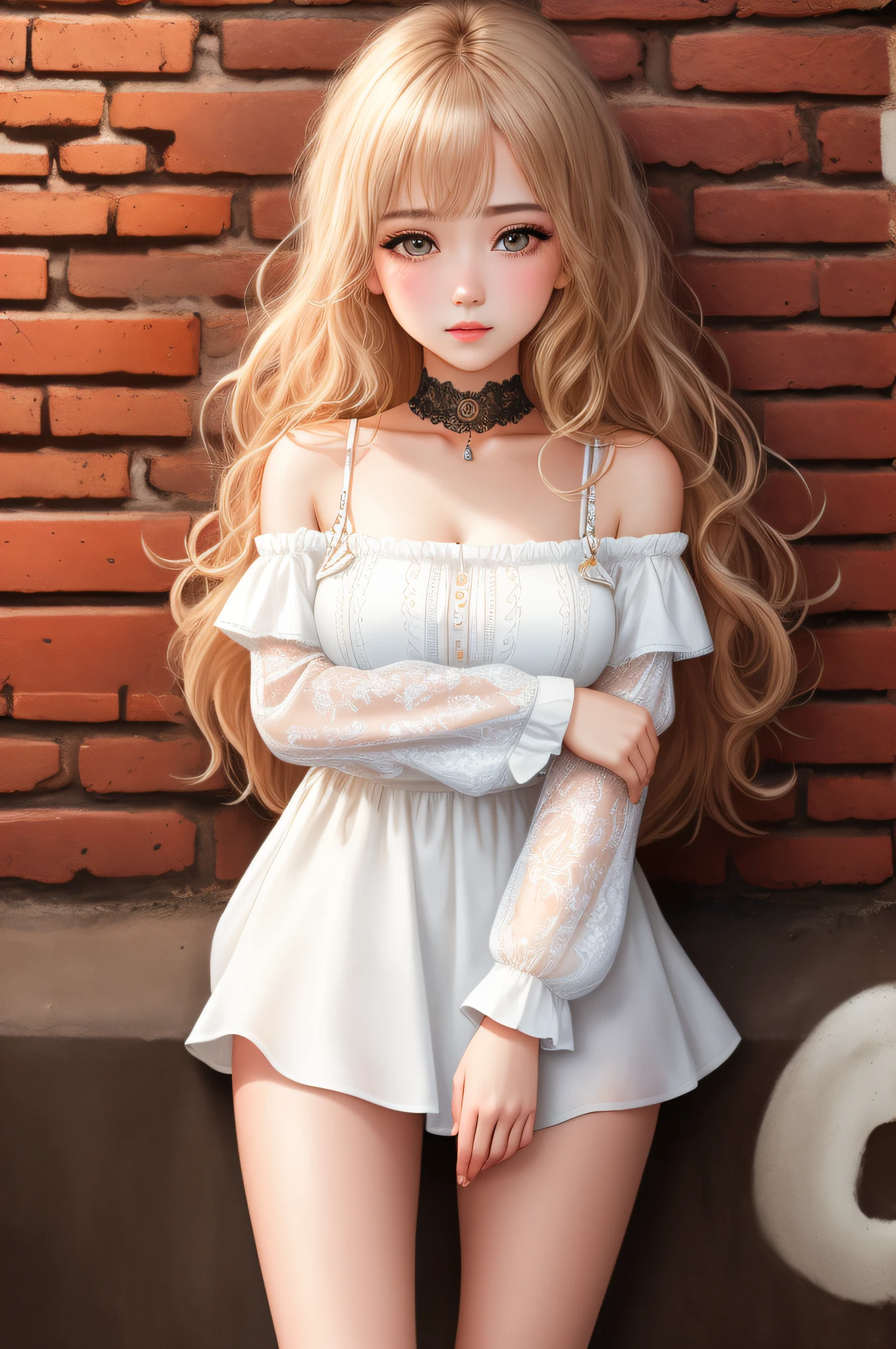 ultra realistic 8k cg, masterpiece, ((ultra detailed background, delicate pattern, intricate detail)), best quality, intricate details, chromatic aberration, 1girl, long hair, golden hair, messy hair, red highlights, hair over one eye, sharp eyes, choker, brick wall, graffiti, dim lighting, alley, oversized shirt,off shoulder, see through white shirt, Masterpiece, best quality