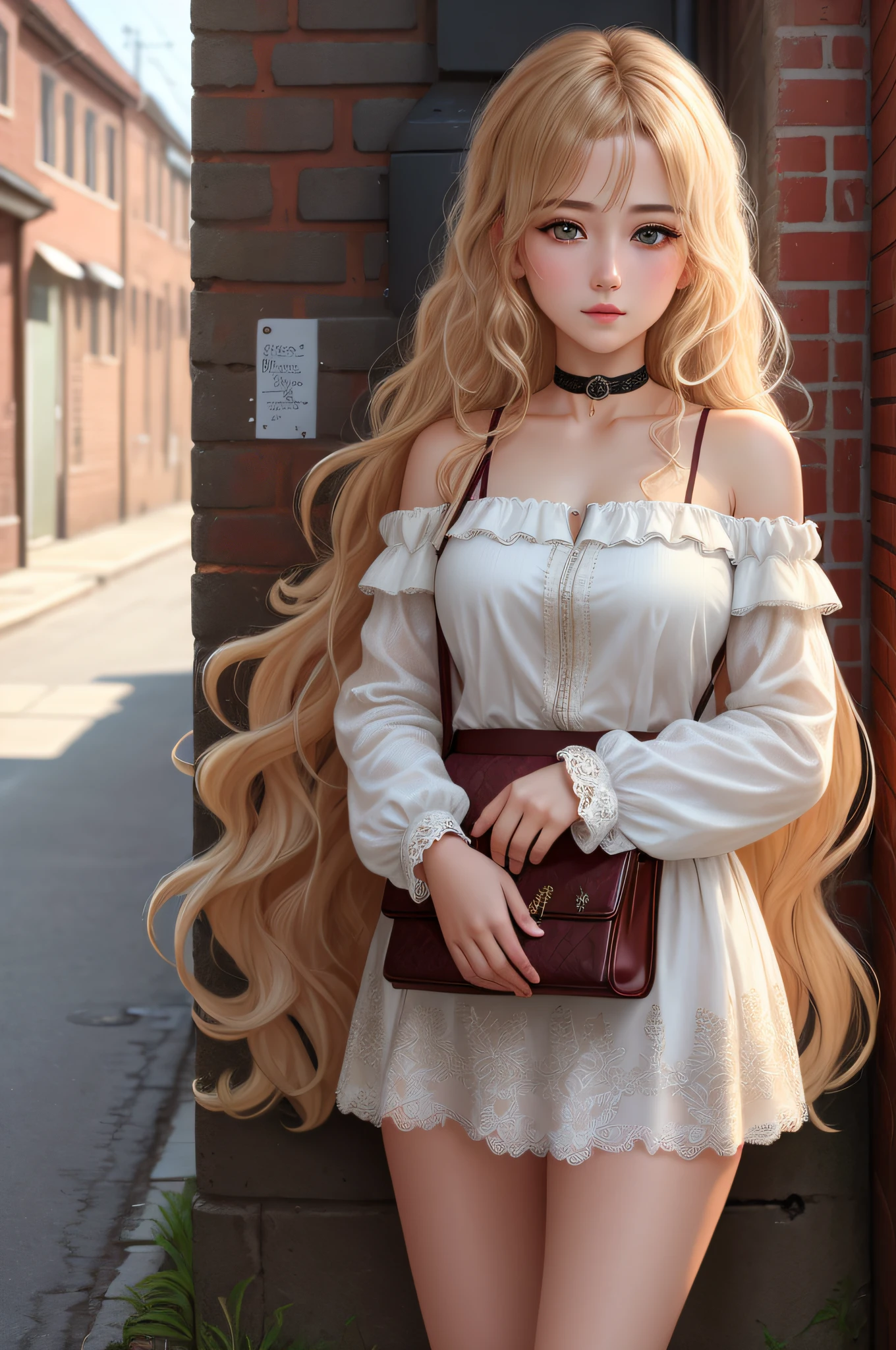ultra realistic 8k cg, masterpiece, ((ultra detailed background, delicate pattern, intricate detail)), best quality, intricate details, chromatic aberration, 1girl, long hair, golden hair, messy hair, red highlights, hair over one eye, sharp eyes, choker, brick wall, graffiti, dim lighting, alley, oversized shirt,off shoulder, see through white shirt, Masterpiece, best quality
