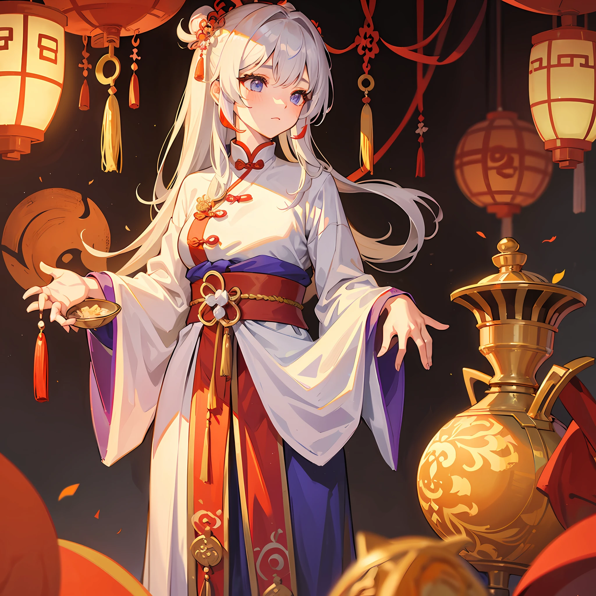 A girl dressed in ancient costumes, Taoist robes and robes, she may be an ancient woman, dressed in gorgeous costumes that show the traditions and aesthetics of ancient Chinese culture. The colors of the picture may be gentle and bright, creating an elegant atmosphere. The girl's clothing may be the focal point in the picture, highlighting the traditions and aesthetics of ancient Chinese culture. The girl's face and posture may also be the focus of the picture, showing her softness and gentleness.
