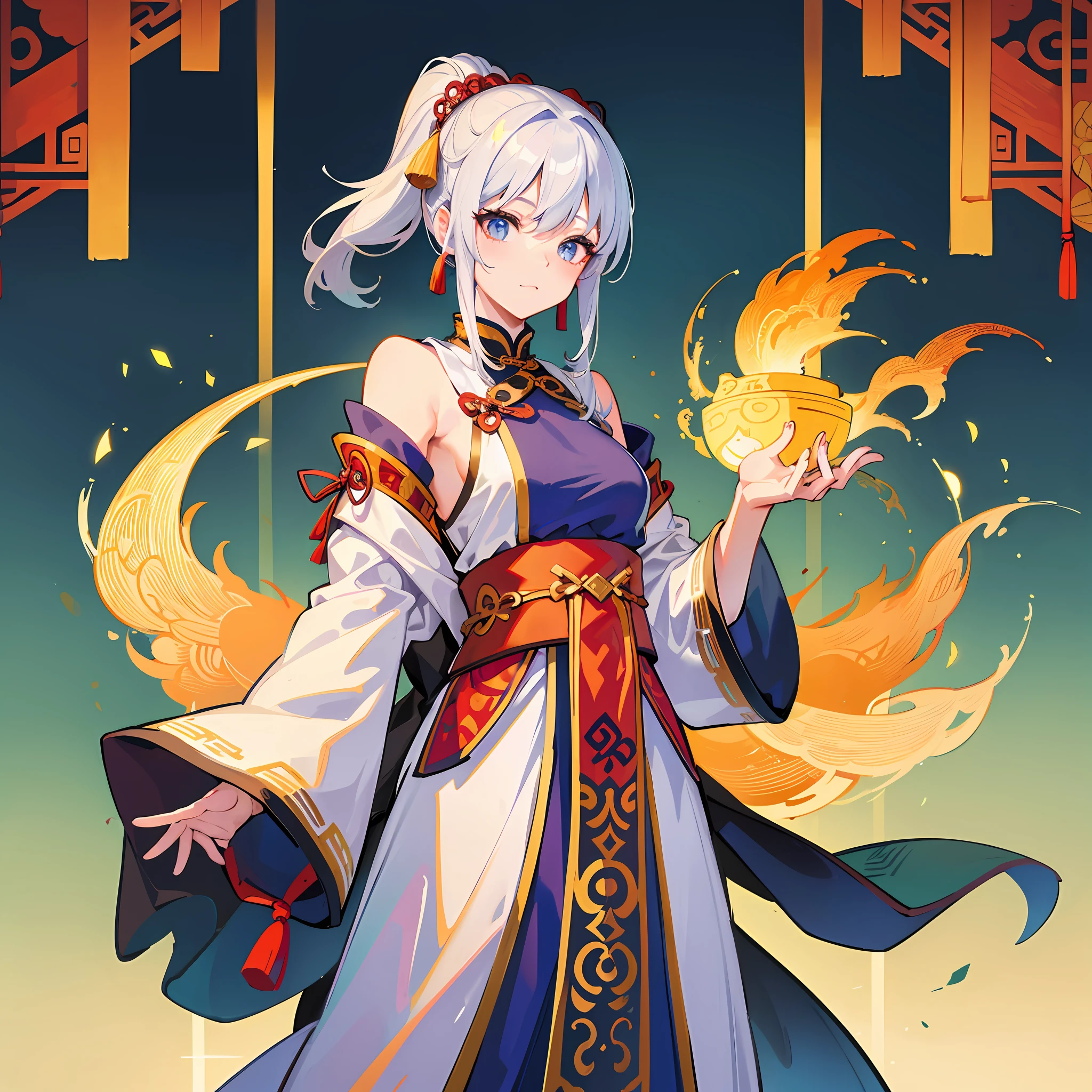 A girl dressed in ancient costumes, Taoist robes and robes, she may be an ancient woman, dressed in gorgeous costumes that show the traditions and aesthetics of ancient Chinese culture. The colors of the picture may be gentle and bright, creating an elegant atmosphere. The girl's clothing may be the focal point in the picture, highlighting the traditions and aesthetics of ancient Chinese culture. The girl's face and posture may also be the focus of the picture, showing her softness and gentleness.