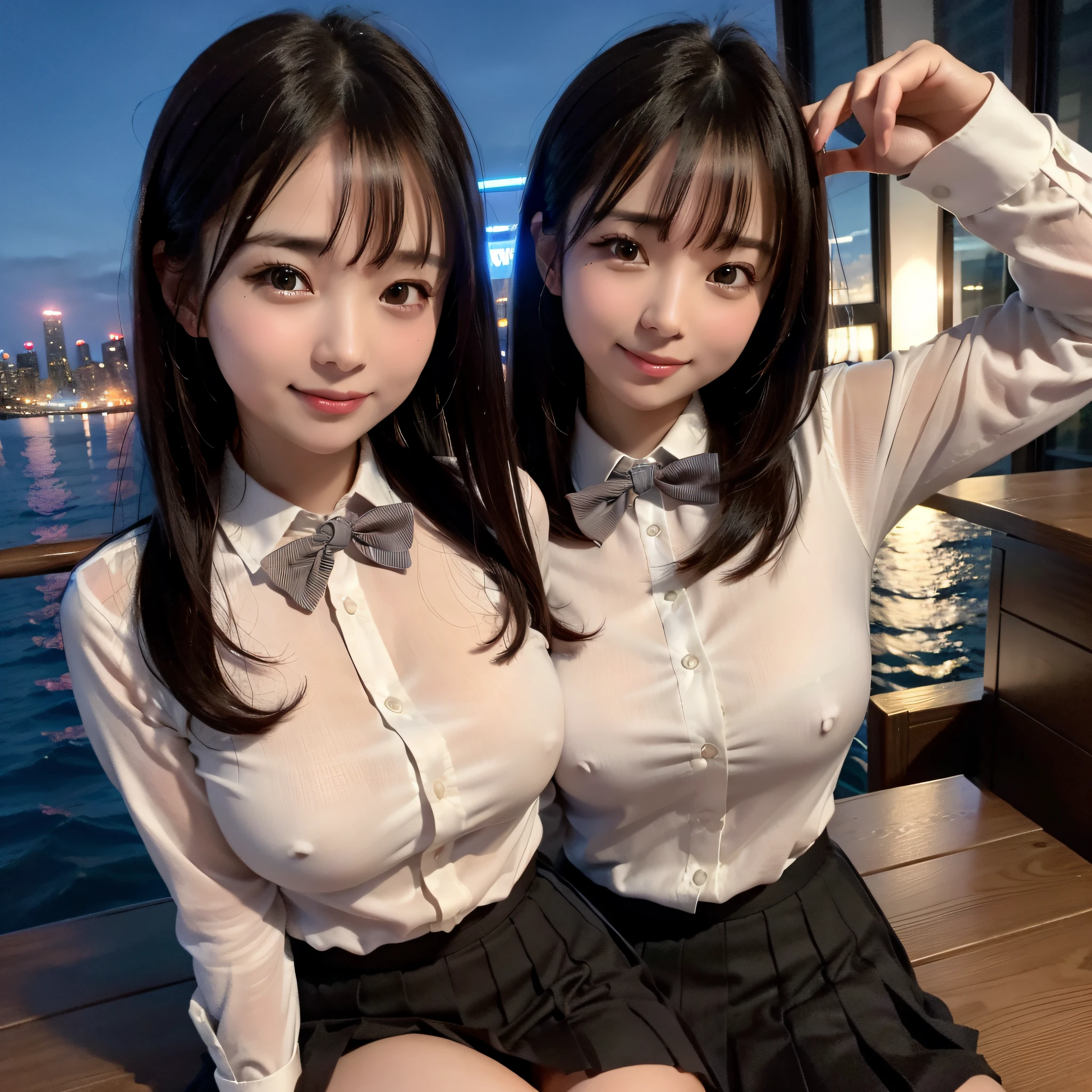 (8k, RAW photo, best quality, masterpiece: 1.2), (realistic, photo-realistic: 1.37), ultra-detailed, 1 girl, cute, solo, beautiful detailed sky, detailed coffee, night, sitting, dating, (flushed nose), (smile: 1.1), (mouth closed), medium breasts, beautiful detailed eyes, (collared shirt: 1.1), bow tie, pleated skirt,