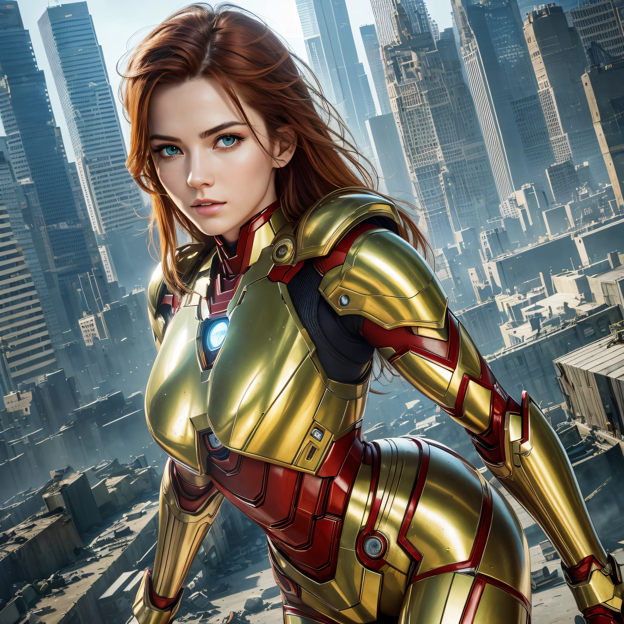 RAW, Masterpiece, Ultra Slim Photo, Best Quality, Ultra High Resolution, Photorealistic, Sunshine, Full-Length Portrait, Stunningly Beautiful, Dynamic Poses, Delicate Face, Green Eyes, Red Hair, (side view), she is dressed in futuristic Iron Man fur blue and gold color scheme, highly detailed abandoned warehouse background, detailed face, detailed and complex occupied background, dirty, gorgeous, milky white, leather with high detail, realistic skin details, visible pores, sharp focus, volumetric mist, 8K UHD, DSLR camera, high quality, film grain, fair skin, photorealism, lomography, sprawling metropolis in a futuristic dystopia, bottom view, translucent --auto --s2