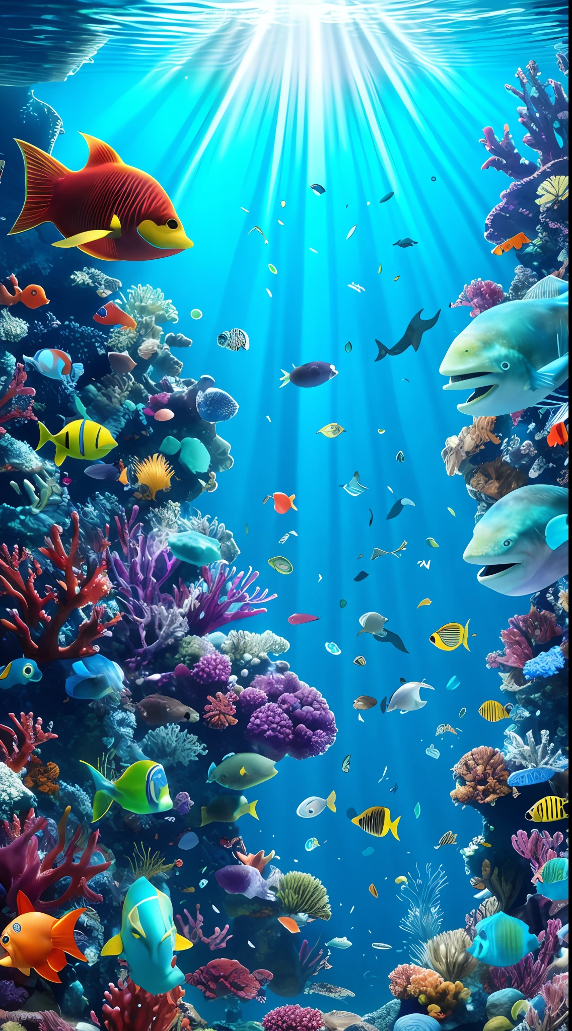 sea depths, life, underwater creatures, plants, colors, shapes, interaction, environment, details, atmosphere, deep ocean, air bubbles, light rays, algae, corals, bright tropical colors, many living underwater creatures, underwater city, underwater monster, monster, mysterious world, beauty, creativity, unforgettable picture