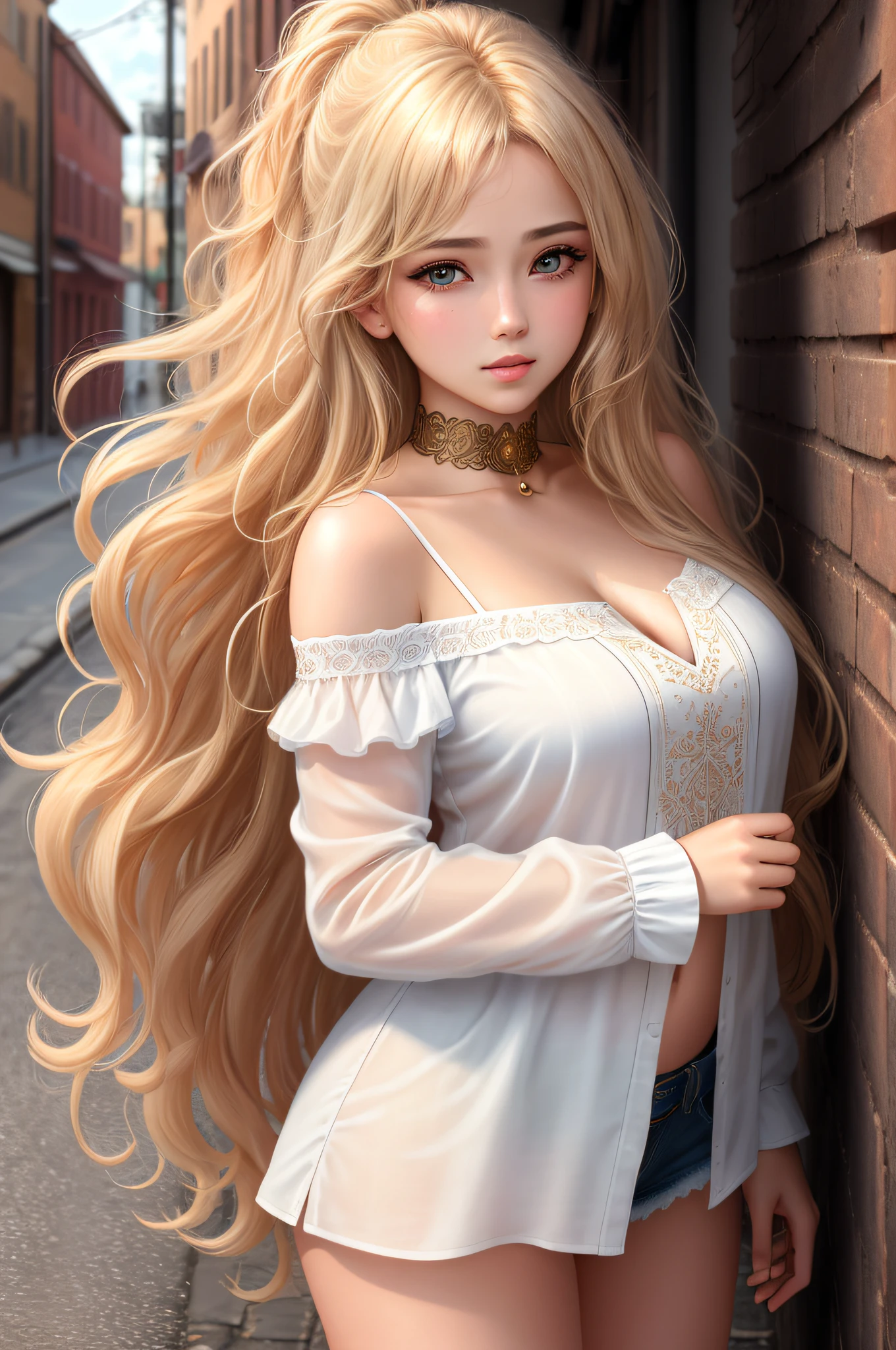 ultra realistic 8k cg, masterpiece, ((ultra detailed background, delicate pattern, intricate detail)), best quality, intricate details, chromatic aberration, 1girl, long hair, golden hair, messy hair, red highlights, hair over one eye, sharp eyes, choker, brick wall, graffiti, dim lighting, alley, oversized shirt,off shoulder, see through white shirt, Masterpiece, best quality