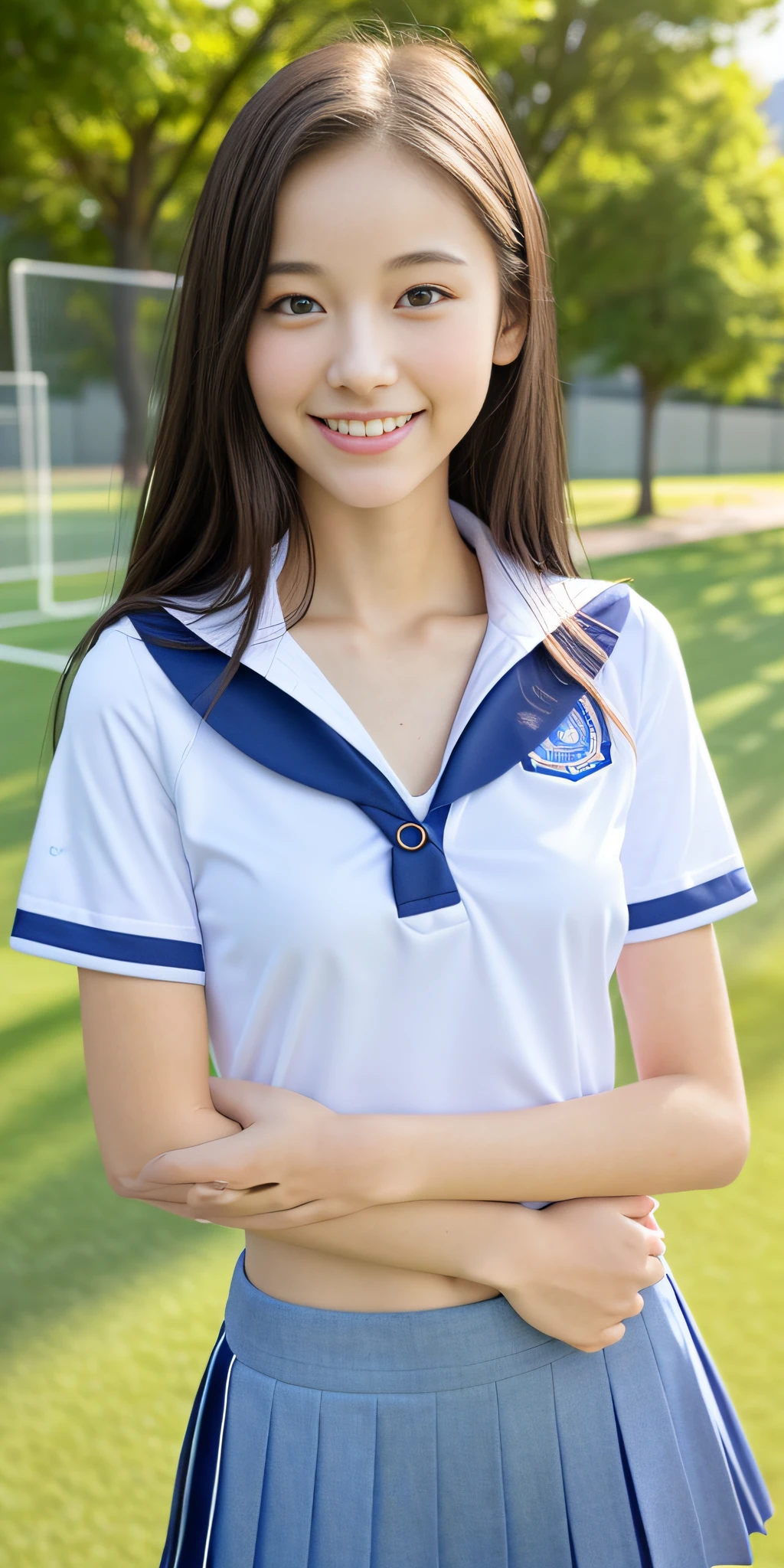 neat college girl, ite, (school uniform, summer clothes), outside the athletic field, (slim), photorealistic, detail, skin texture, super detail, delicate and sexy collarbone, smile, super detailed face, detailed lips, detailed eyes, double eyelids, small breasts, small breasts, small, small, flat chest