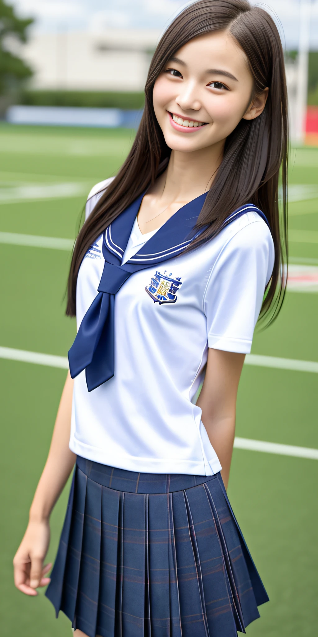 neat college girl, petite, (school uniform, summer clothes), outside the athletic field, (slim), photorealistic, detail, skin texture, super detail, delicate and sexy collarbone, smile, super detailed face, detailed lips, detailed eyes, double eyelids, small breasts, small breasts, small, small, flat chest