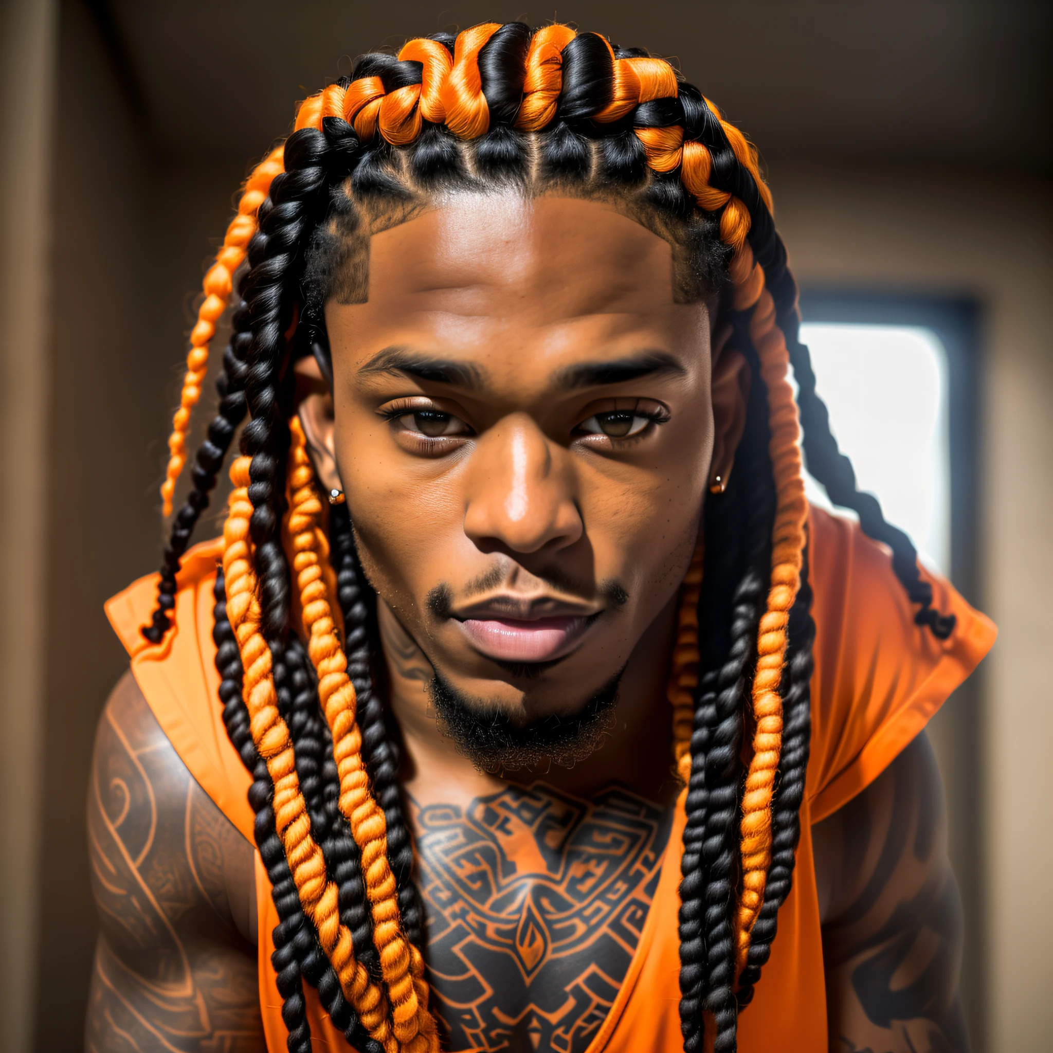 There is a man with orange dreads and a chest tattoo, orange braided hair, handsome face, close-up portrait photo, sakuga shooting, redahair and attractive features, handsome young black hip hop, a black man with long curly hair, high quality portrait, close-up portrait photo, portrait photo, trend artstayion, in jail