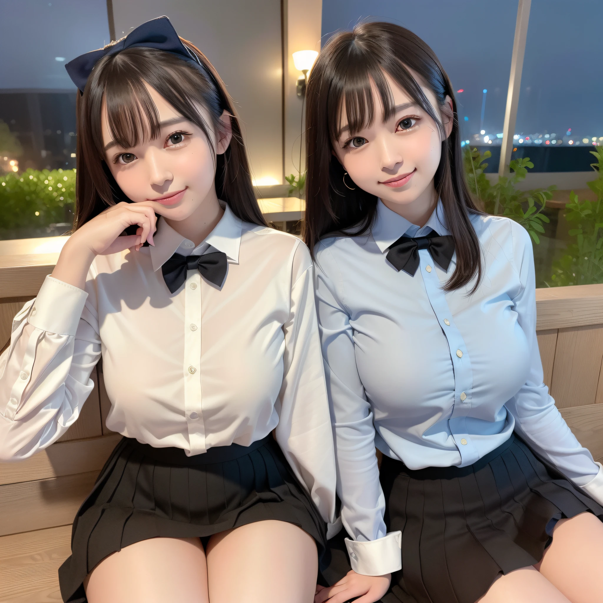 (8k, RAW photo, best quality, masterpiece: 1.2), (realistic, photo-realistic: 1.37), ultra-detailed, 1 girl, cute, solo, beautiful detailed sky, detailed coffee, night, sitting, dating, (flushed nose), (smile: 1.1), (mouth closed), medium breasts, beautiful detailed eyes, (collared shirt: 1.1), bow tie, pleated skirt,