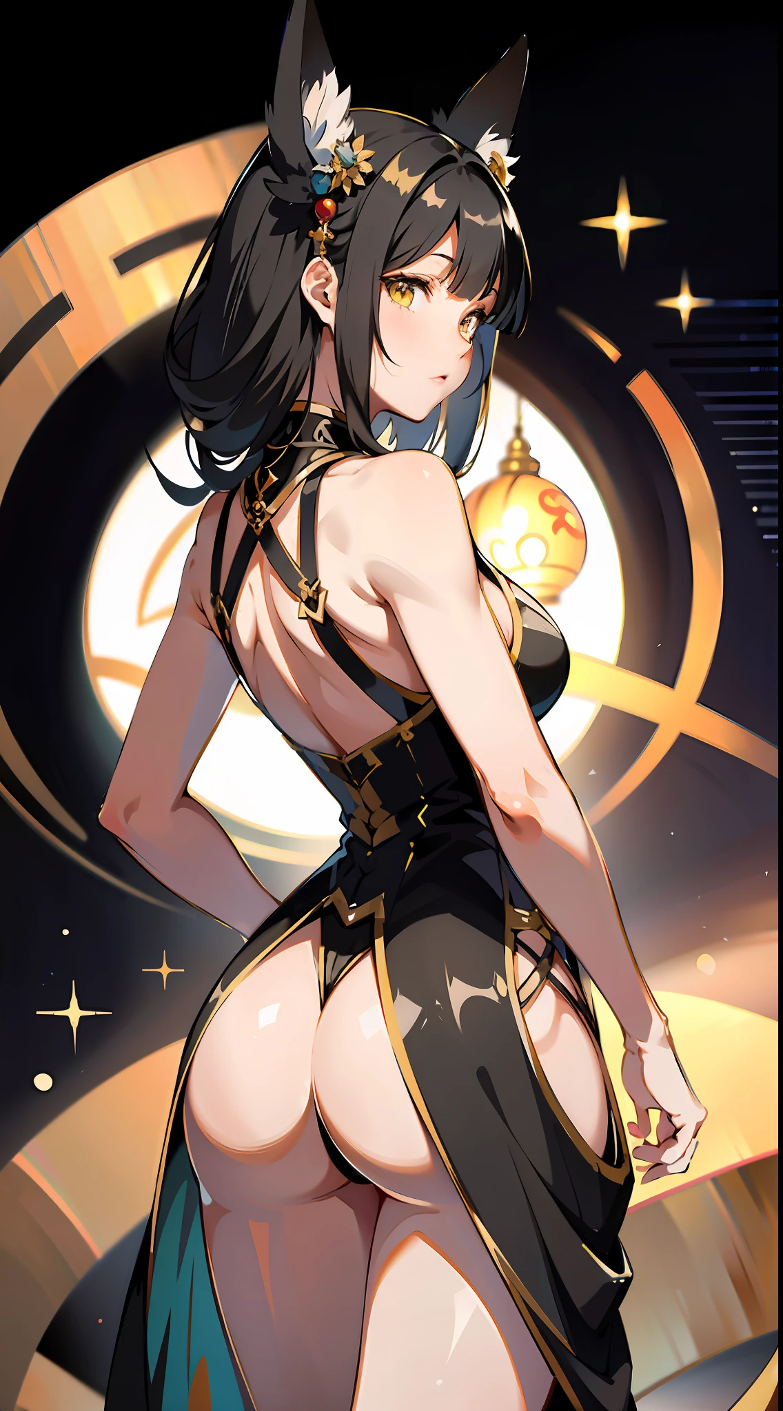 absurd res, high res, (masterpiece:1.4), ultra-detailed, group of girls, from behind, space, floating, pitch black Chinese dress, black dress, black bra, light brown hair, yellow eyes, hands out of frame, furry ears, slightly open Chinese dress, pointed fox ears, large breasts, boobs, yellow eyes, attractive body, bare shoulders, bare legs, bare back, bare back dress, round ass, squeezing ass, bubble butt, heels, fit ass, hourglass figure, hourglass body, spherical ass
