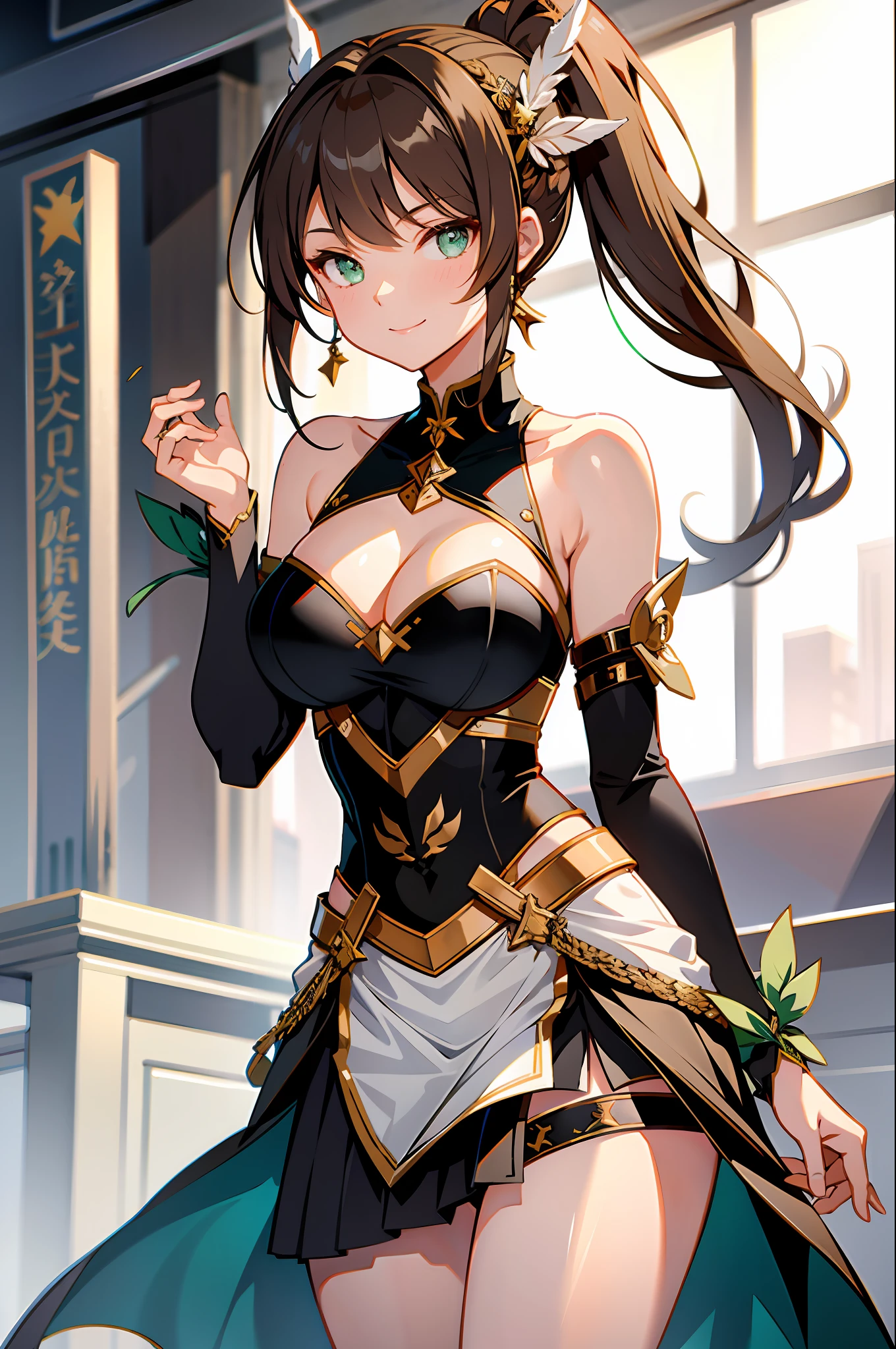 1girl, tingyun, honkai star rail, green eyes, bare shoulders, jewerly, ponytail, medium hair, brown hair, dress, large breasts, detached sleeves, standing, smile, tail