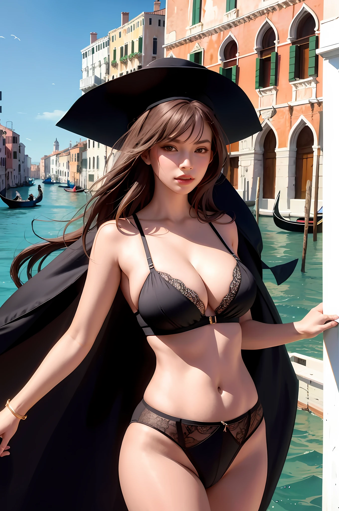 Sexy model big tits in lingerie big breasts on gondola in Venice