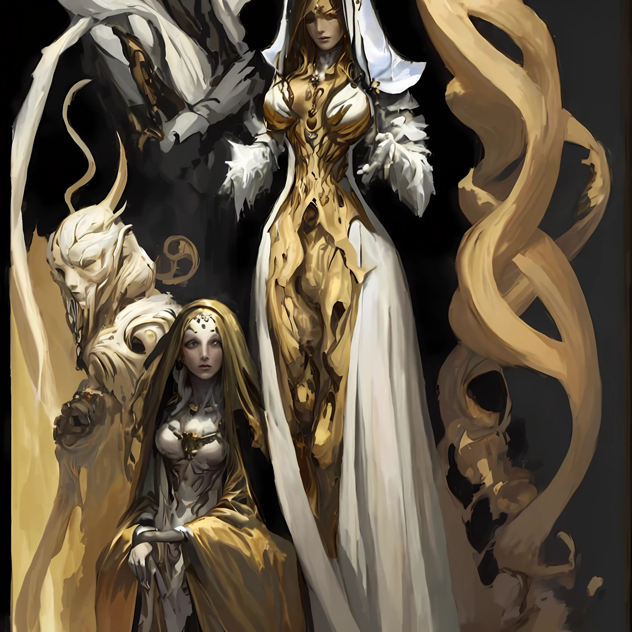 a painting of a woman in a white dress and two other women, golden-white robes, white and gold priestess robes, gold and white robes, lolth, maiden and fool and crone, gold and white cloak, white and gold robes, flowing hair and long robes, flowing white robes, amazing d & d dark sun art, chris bachalo comic art
