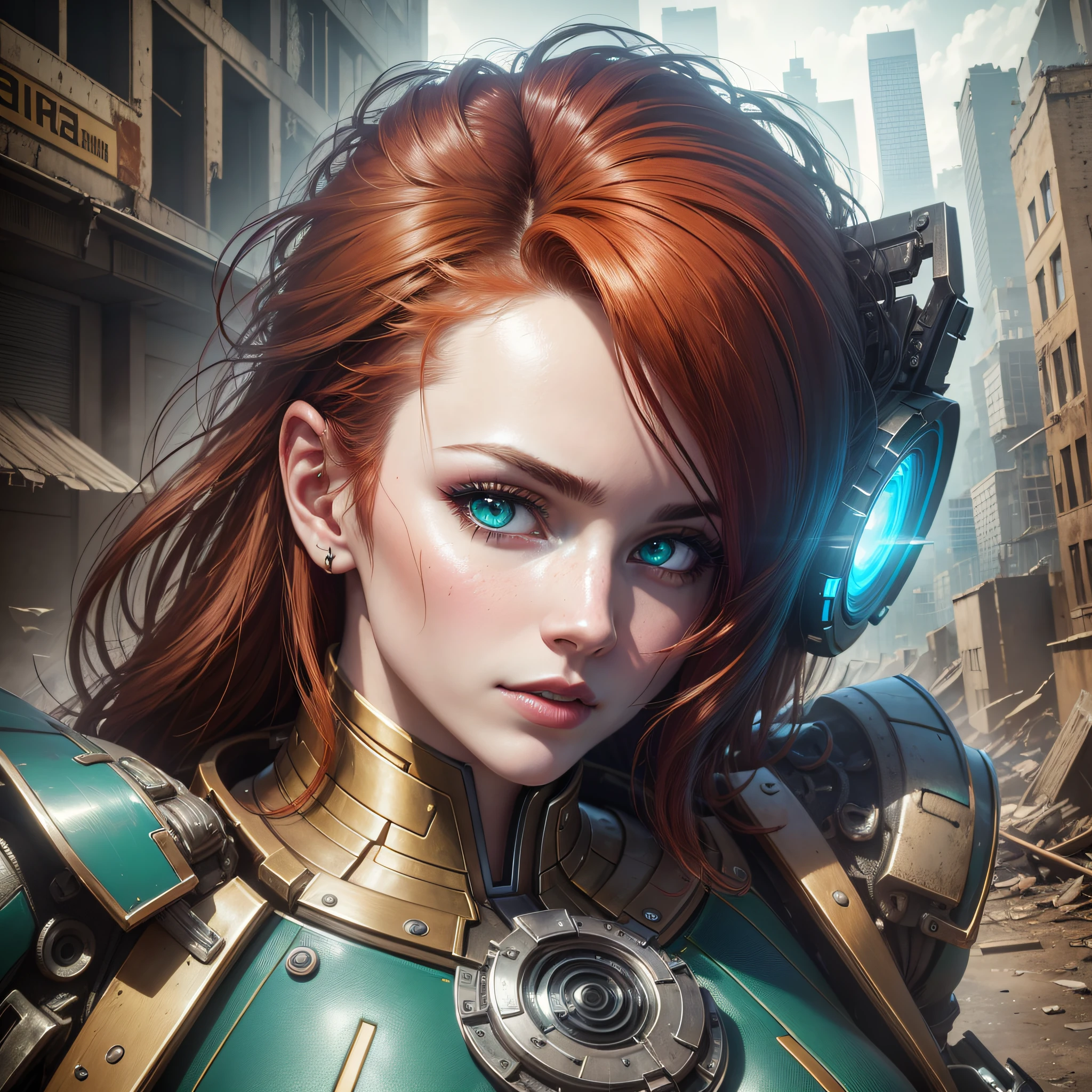 RAW, Masterpiece, Ultra Slim Photo, Best Quality, Ultra High Resolution, Photorealistic, Sunlight, Full Portrait, Stunningly Beautiful, Dynamic poses, Delicate face, Green eyes, Acid red hair, (side view), she is dressed in futuristic Iron Man fur blue and gold color scheme, highly detailed abandoned warehouse background, detailed face, detailed and complex occupied background, dirty, gorgeous, milky white, leather with high detail, realistic skin details, visible pores, sharp focus, volumetric mist, 8K UHD, DSLR camera, high quality, film grain, fair skin, photorealism, lomography, sprawling metropolis in a futuristic dystopia, bottom view, translucent --auto --s2