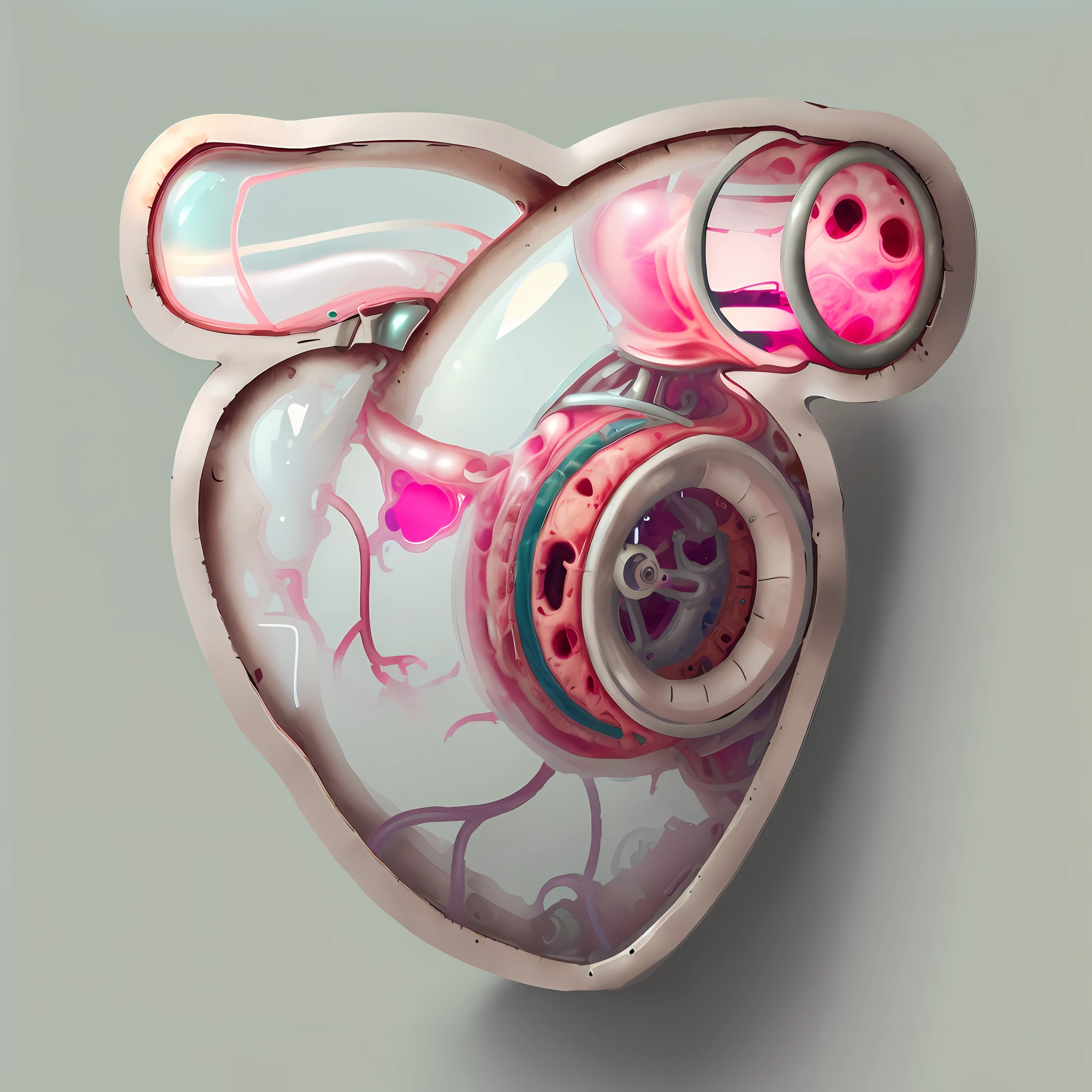 a sticker of a heart with a pipe sticking out of it, mechanical heart in center, anatomically correct heart, real heart, connected to heart machines, heart kidney lungs, real heart!, anatomical heart, neon heart reactor, human heart, stethoscope!, heart operation, my heart is human, ventricles and aorta, heart effects, BioPunkAI