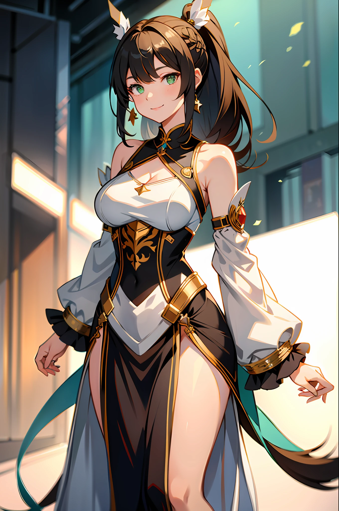 1girl, tingyun, honkai star rail, green eyes, bare shoulders, jewerly, ponytail, medium hair, brown hair, dress, large breasts, detached sleeves, standing, smile, tail