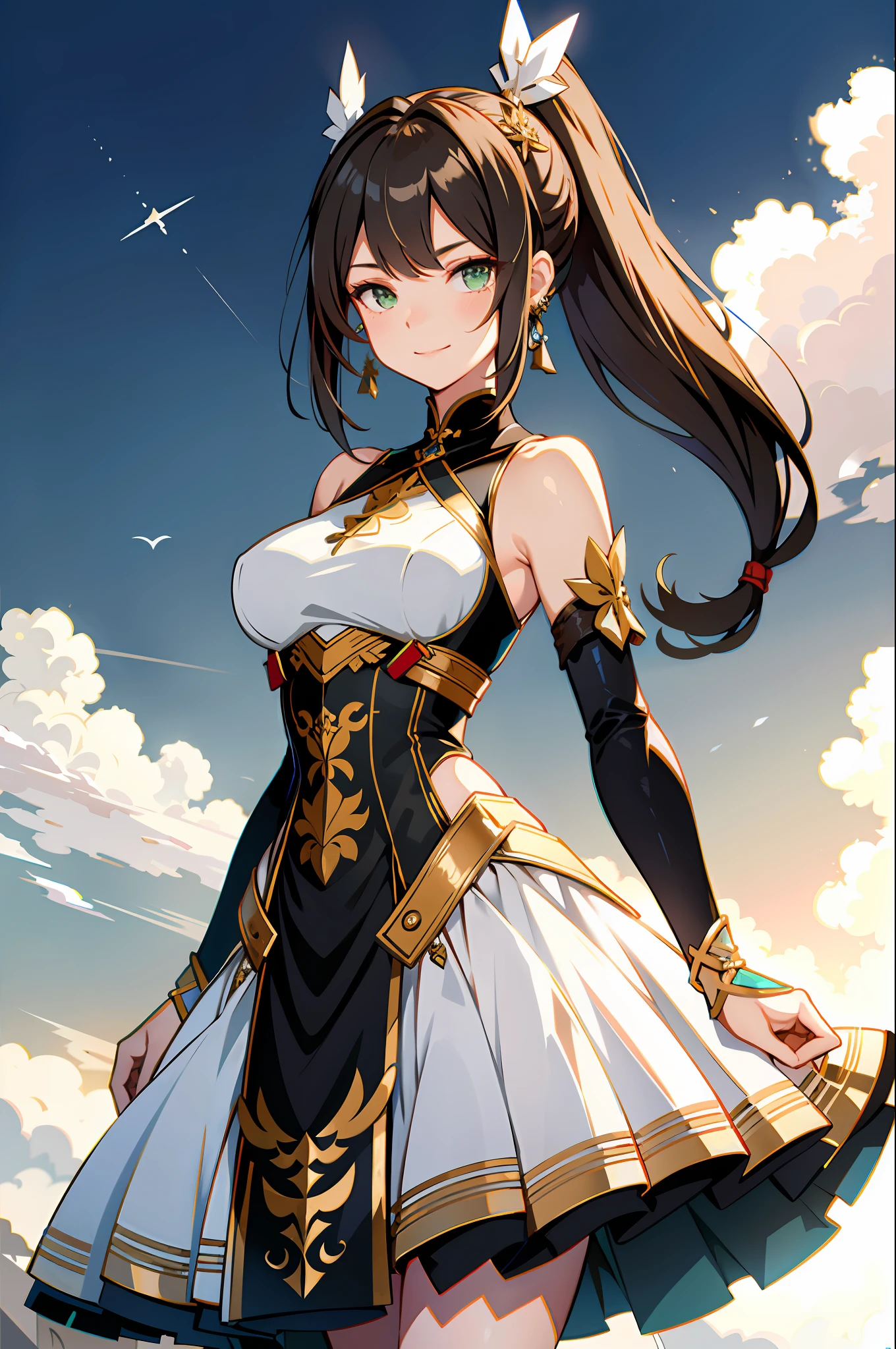 1girl, tingyun, honkai star rail, green eyes, bare shoulders, jewerly, ponytail, medium hair, brown hair, dress, large breasts, detached sleeves, standing, smile, tail