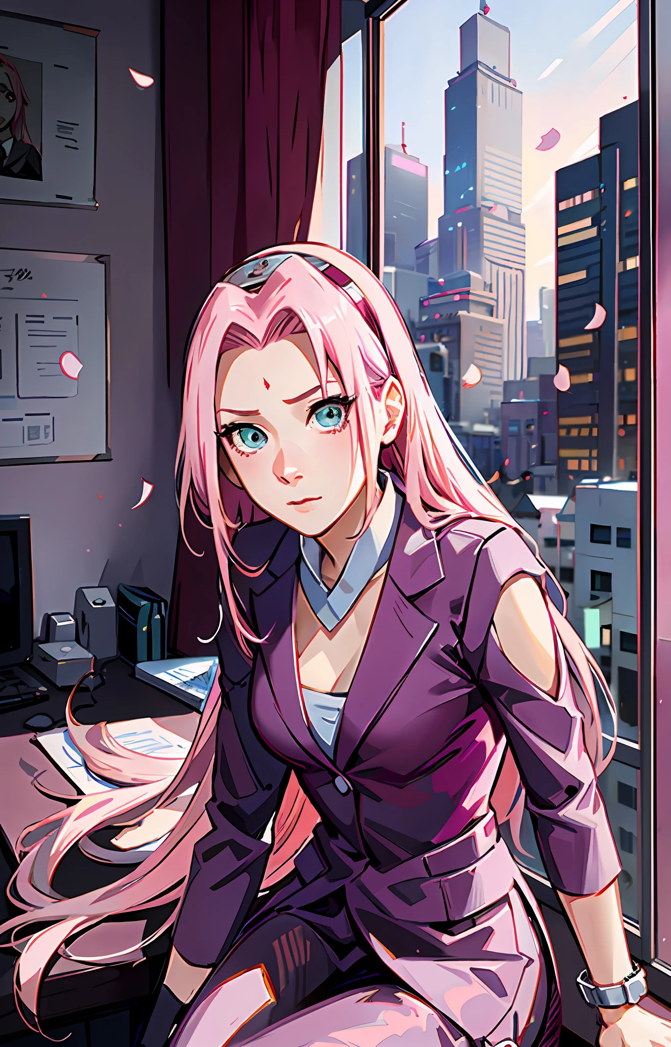 Sakura haruno, ((solo)), alone, ((forehead the show)), elegant,wearing a feminine suit, pink hair, delicate, young, long hair, detailed face, high definition, ((full body)), full body, ((serious)), in an office looking at the city outside the window, CEO, she is a beautiful woman of success, face with high quality,CEO