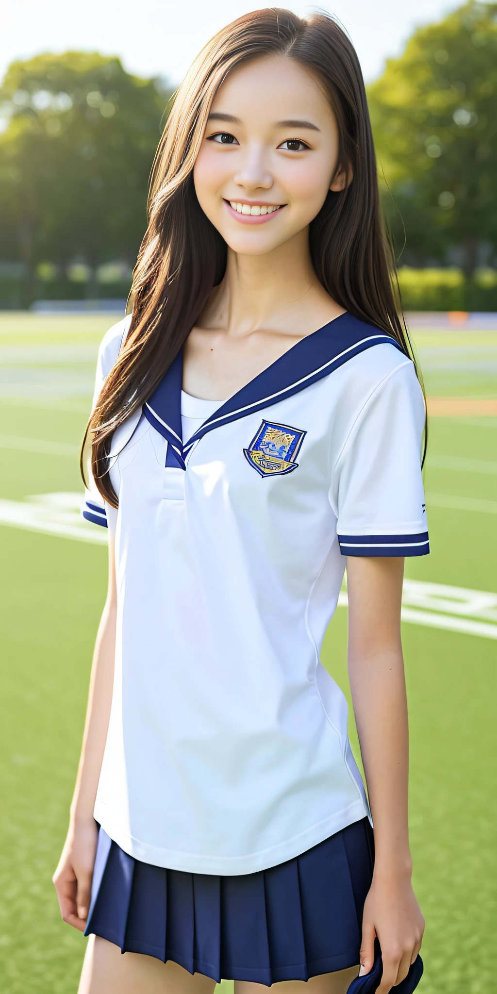 neat college girl, ite, (school uniform, summer clothes), outside the athletic field, (slim), photorealistic, detail, skin texture, super detail, delicate and sexy collarbone, smile, super detailed face, detailed lips, detailed eyes, double eyelids, small breasts, small breasts, small, small, flat chest