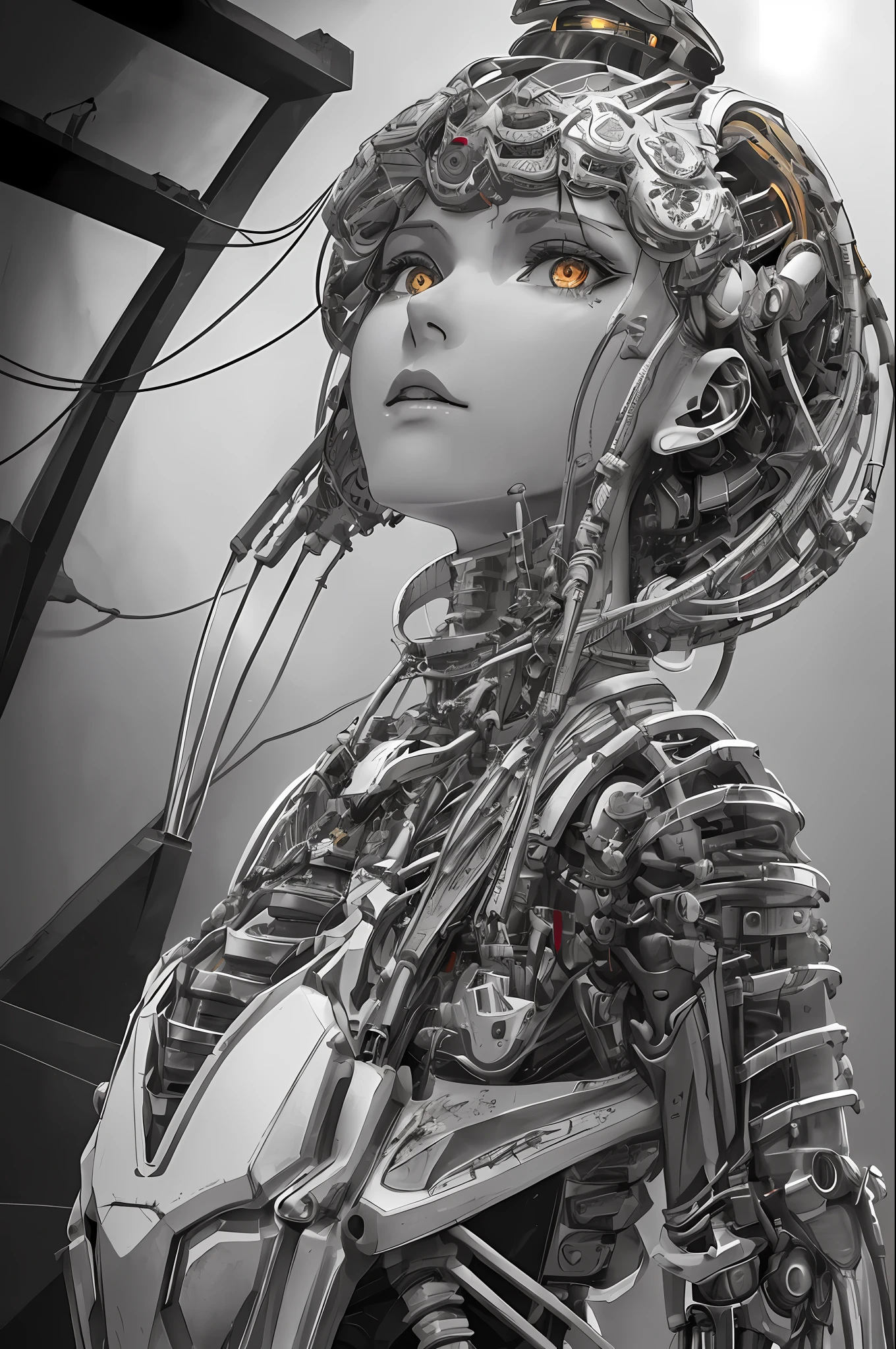 Vast Spaceship, 1 Mechanical Girl, (((Ultra-Realistic Detail)), Portrait, Global Illumination, Shadows, Octane Rendering, 8K, Ultra Sharp, Metal, Intricate Ornaments Detail, Cold Color, Egyptian Detail, Very Intricate Detail, Realistic Light, CGSoation Trend, Glowing Eyes, Facing the Camera, Neon Details, Mechanical limbs, blood vessels connected to tubes, mechanical vertebrae attached to the back, mechanical cervical attachment to the neck, flying in the sky, wires and cables connecting to the head