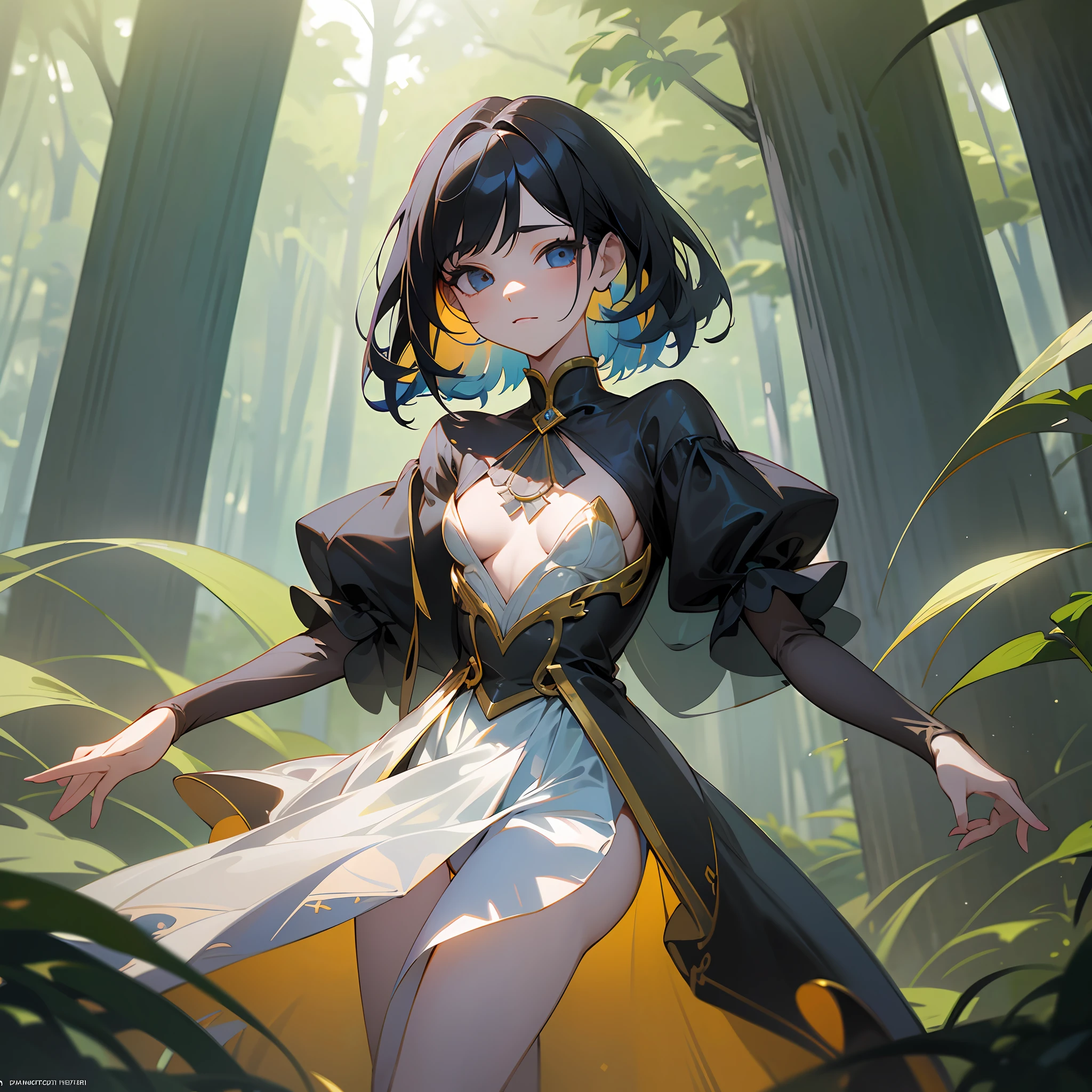 FS, albino girl perfect 10 black hair rarpunzel stands in a picturesque avatar forest, cheerful flirts in front of the camera, the body is graceful with small breasts, her legs are slender graceful, the girl looks amazing, the dress is transparent organza with intricate patterns, high-heeled shoes are elegant with gold patterns, sunlight falls from behind creating a light outline around the contours of the girl, in front soft fill light, photorealistic, concept art, (wow effect: 2), site 500px, ((hyper definition details: 2)) --auto --s2
