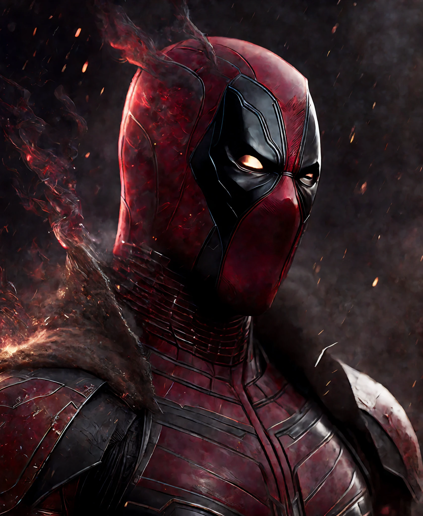 Close-up (Deadpool from Marvel in Viking style: 1.3) emerging from wet black mud, extremely detailed, smoke, sparks, metal shavings, flying debris, volumetric light
