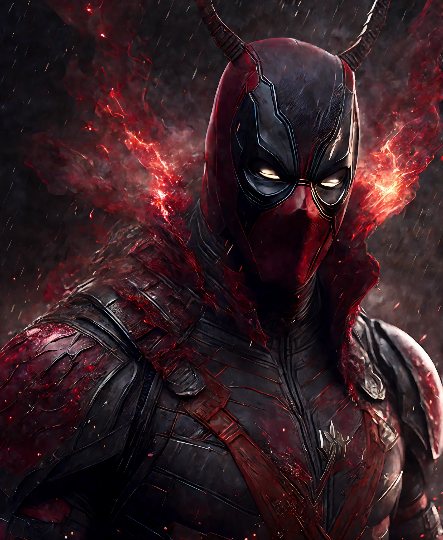 Close-up (Deadpool from Marvel in Viking style: 1.3) emerging from wet black mud, extremely detailed, smoke, sparks, metal shavings, flying debris, volumetric light