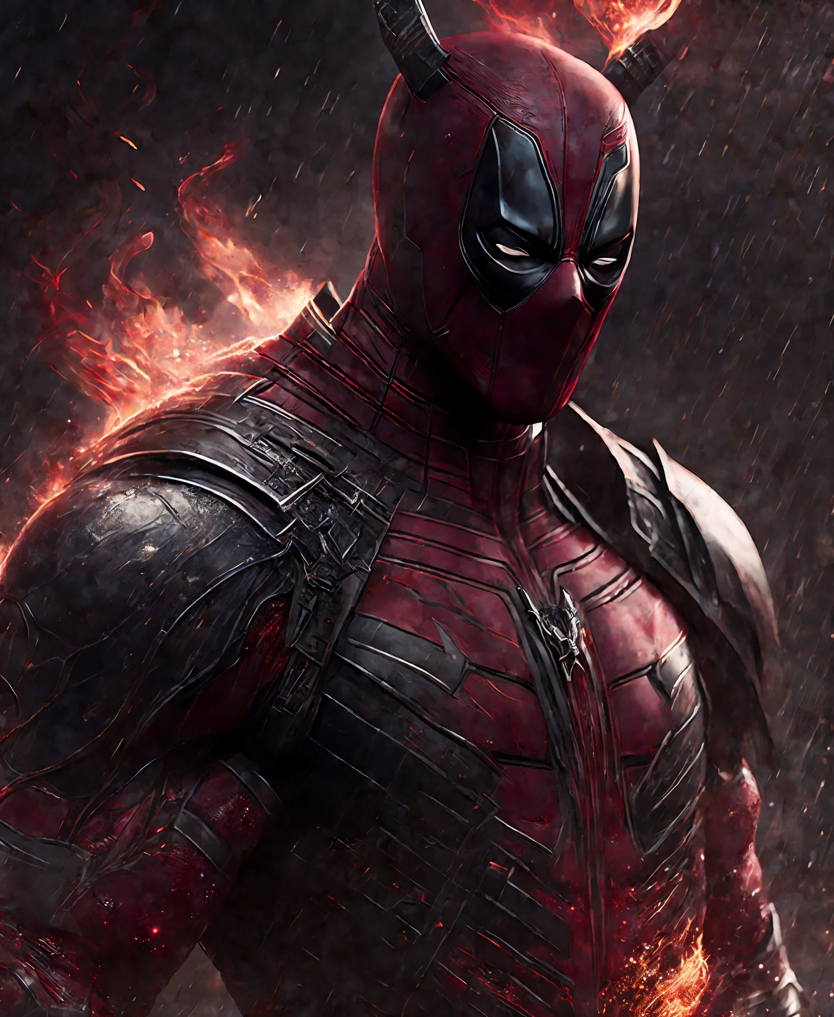 Close-up (Deadpool from Marvel in Viking style: 1.3) emerging from wet black mud, extremely detailed, smoke, sparks, metal shavings, flying debris, volumetric light