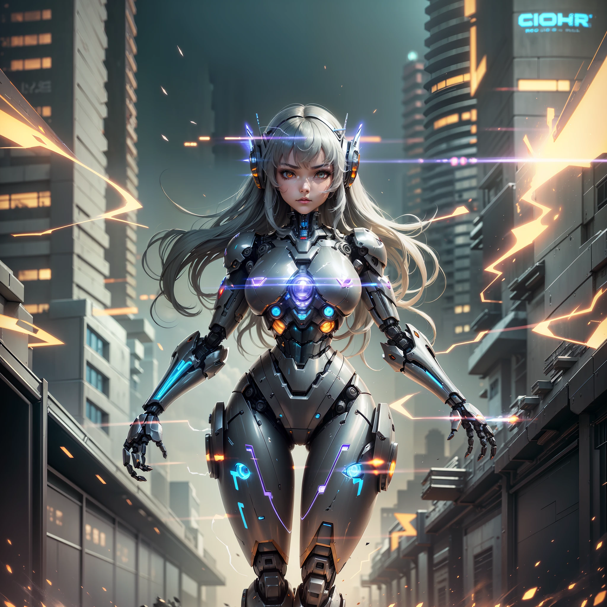 ((robot girl, mecha)), glowing eyes, armor breaking, mechanical aura, mechanical arm, gray hair, long hair, ceramic body, thigh slit, small breast, cyber background, very fine city, (translucent, reflective skin), 8k, best quality, ultra-detailed, (surrealism: 1.4), --auto --s2